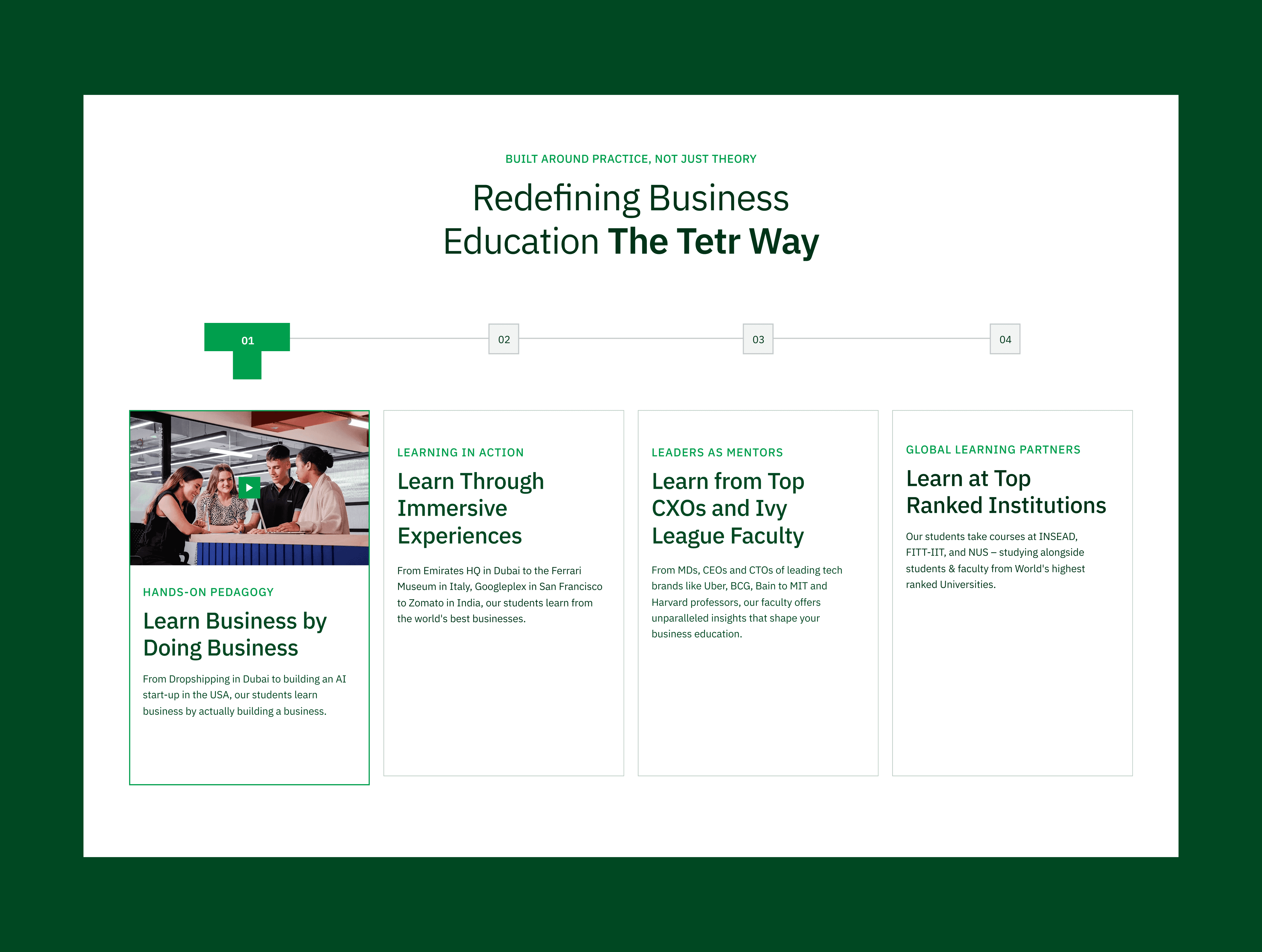 Tetr section “Redefining Business Education The Tetr Way” with four learning-approach cards