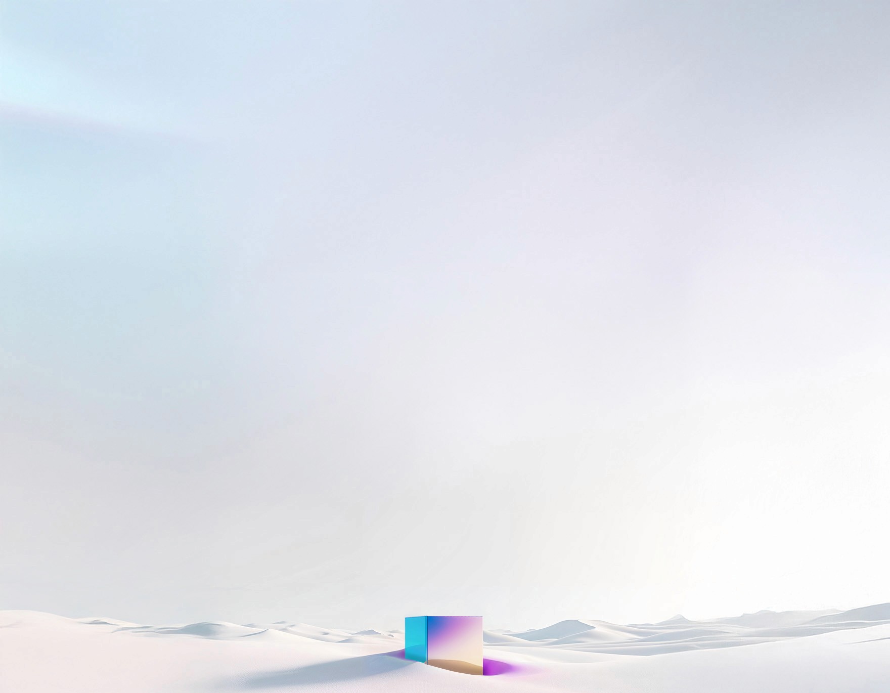 A minimalist digital artwork depicting a vast, snowy landscape under a pale blue sky. In the center, a reflective, iridescent cube stands out against the smooth, white snow, casting a subtle shadow. The horizon is marked by gentle, undulating snowdrifts, creating a serene and almost surreal scene.