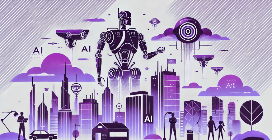 Futuristic city with a giant robot and AI technology integrated into the urban environment.