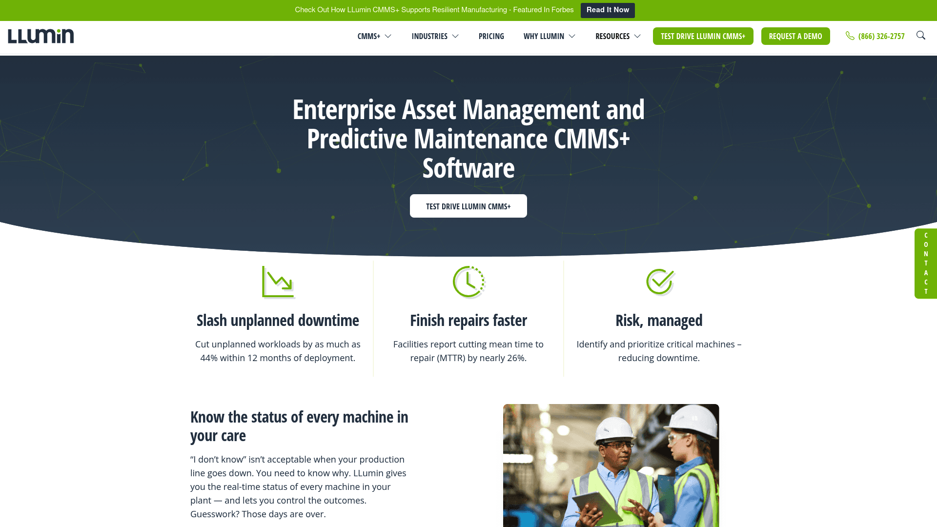 A screenshot of the LLumin website, a CMMS+ solution and one of the industrial Asset Panda alternatives.