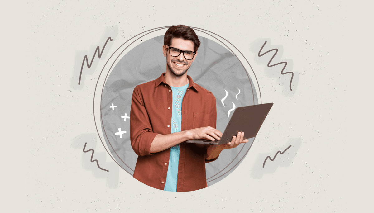 Stylized collage of person and digital elements, used to depict creating a web developer portfolio that gets interviews.