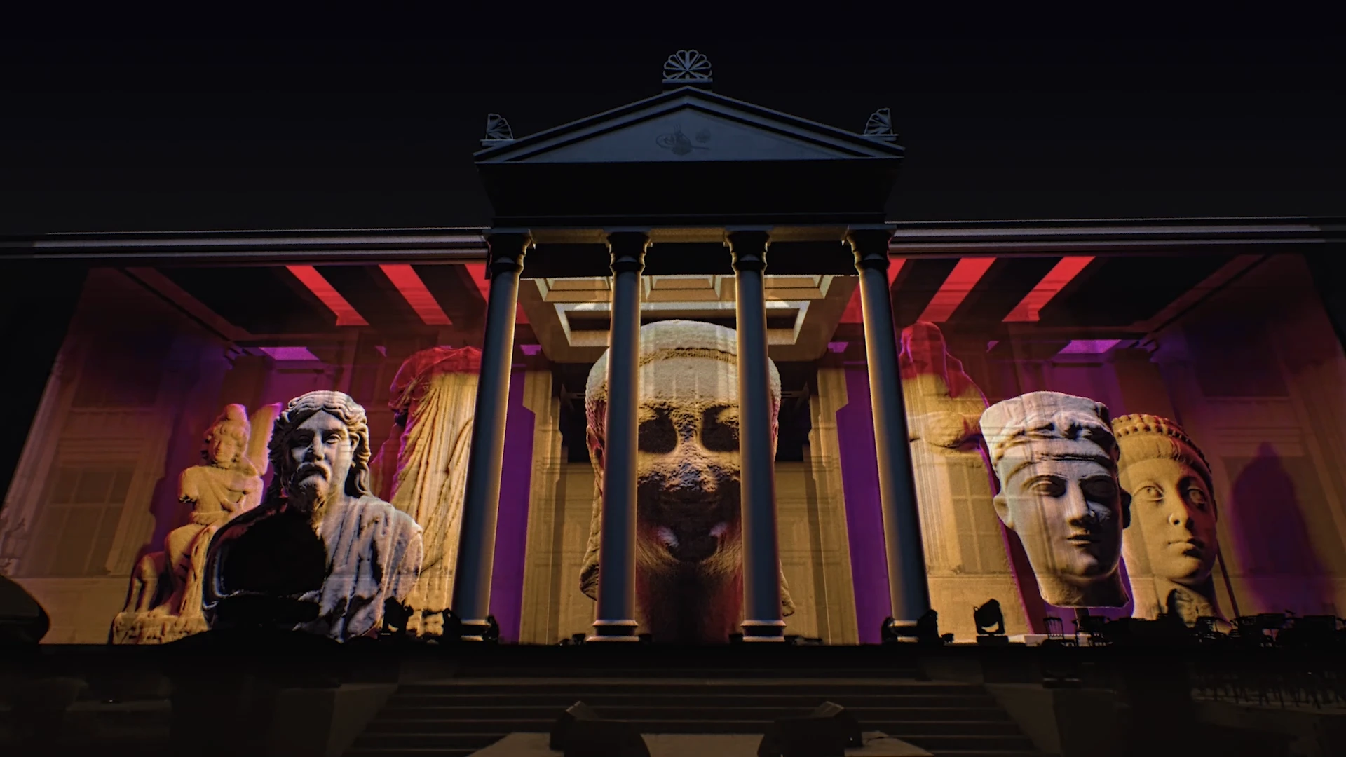 Projection-mapping reimagining ancient artifacts through light and motion for Istanbul Archaeology Museum.