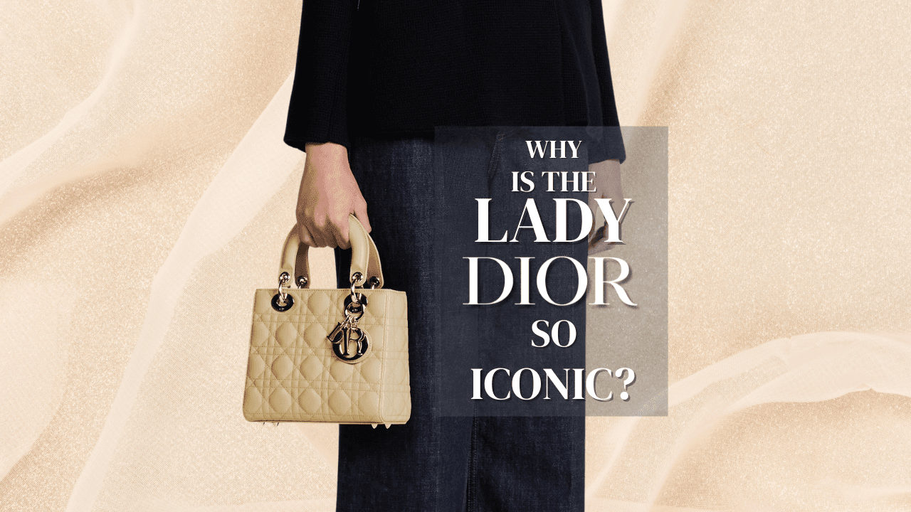 A stylish lady holding a beige/yellow Lady Dior bag, that is chic. The bag exudes elegance, as the eoman wearing fashionable wide-leg jeans hold it gracefully.