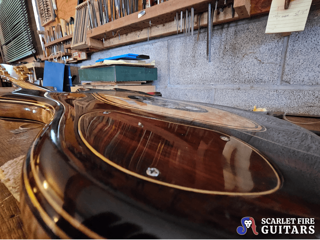 Jerry Garcia's Tiger guitar on the workbench (body back, angled), Doug Irwin's shop