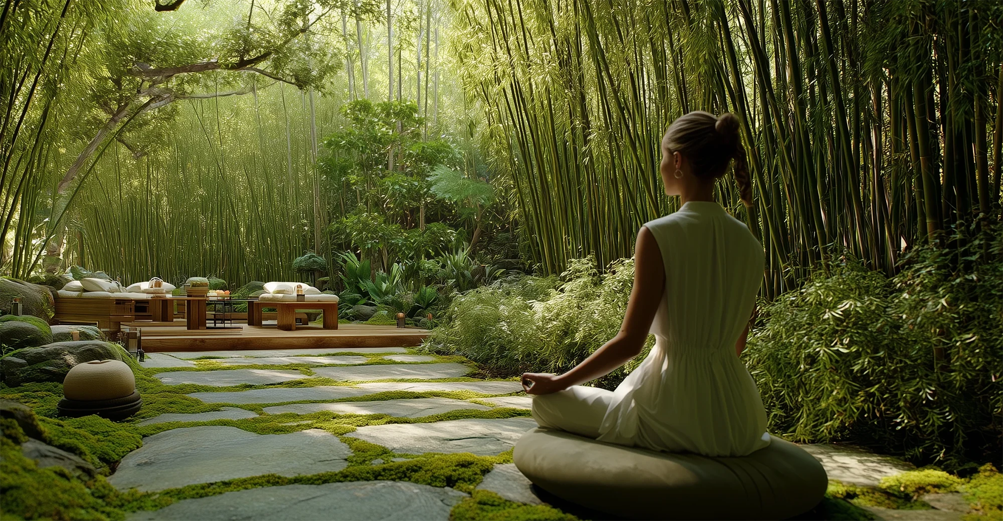 Woman sitting in meditation on a cushion in a peaceful bamboo garden with natural light