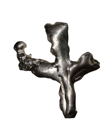 Sculpted silver ring with rough, uneven surface, crossed shaped