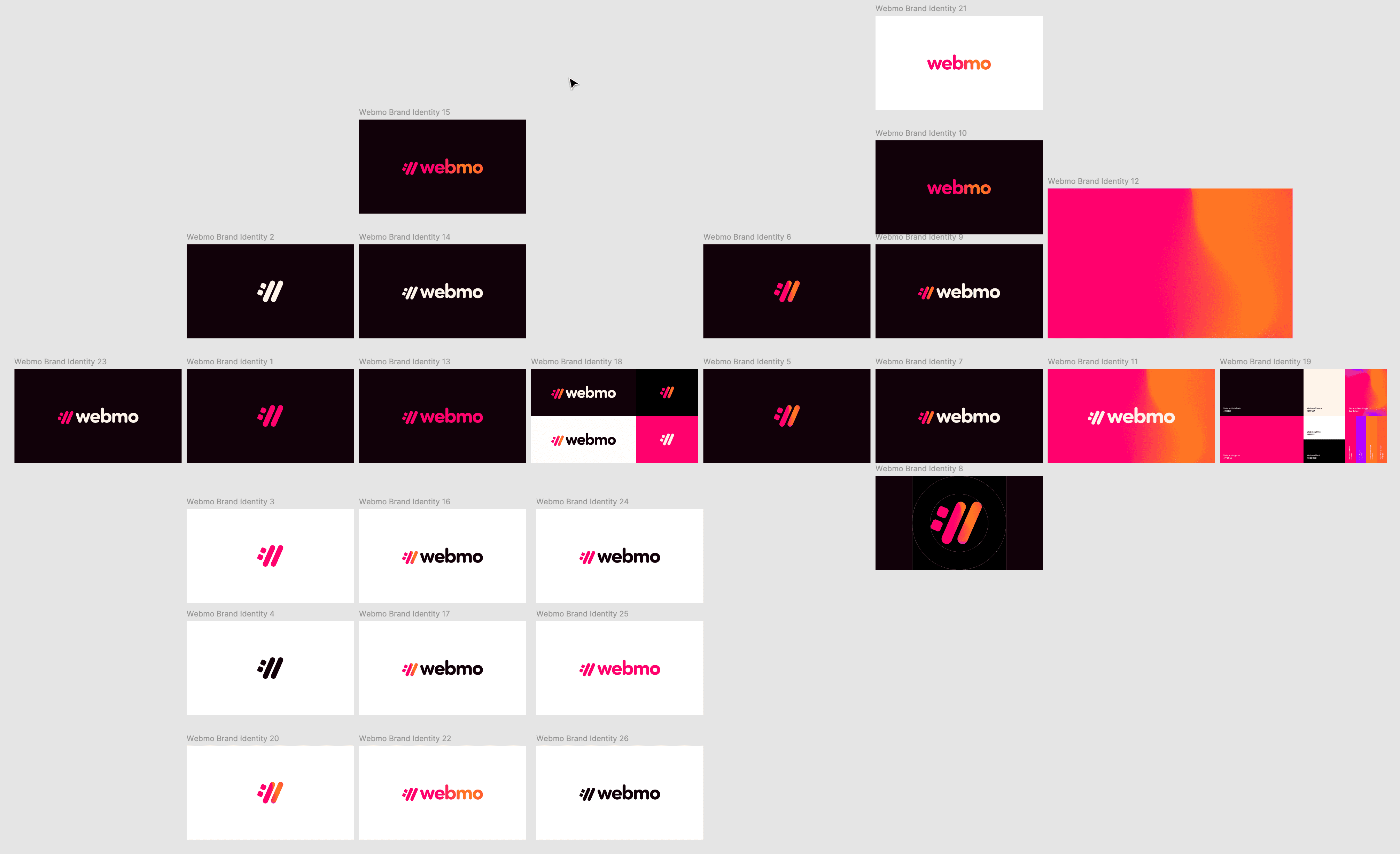 A screenshot of the Adobe Illustrator artboards of the finalized WebMO logos. Everything from logo variations to logo icon variations to logo type variations, color variations, and social media variations. 