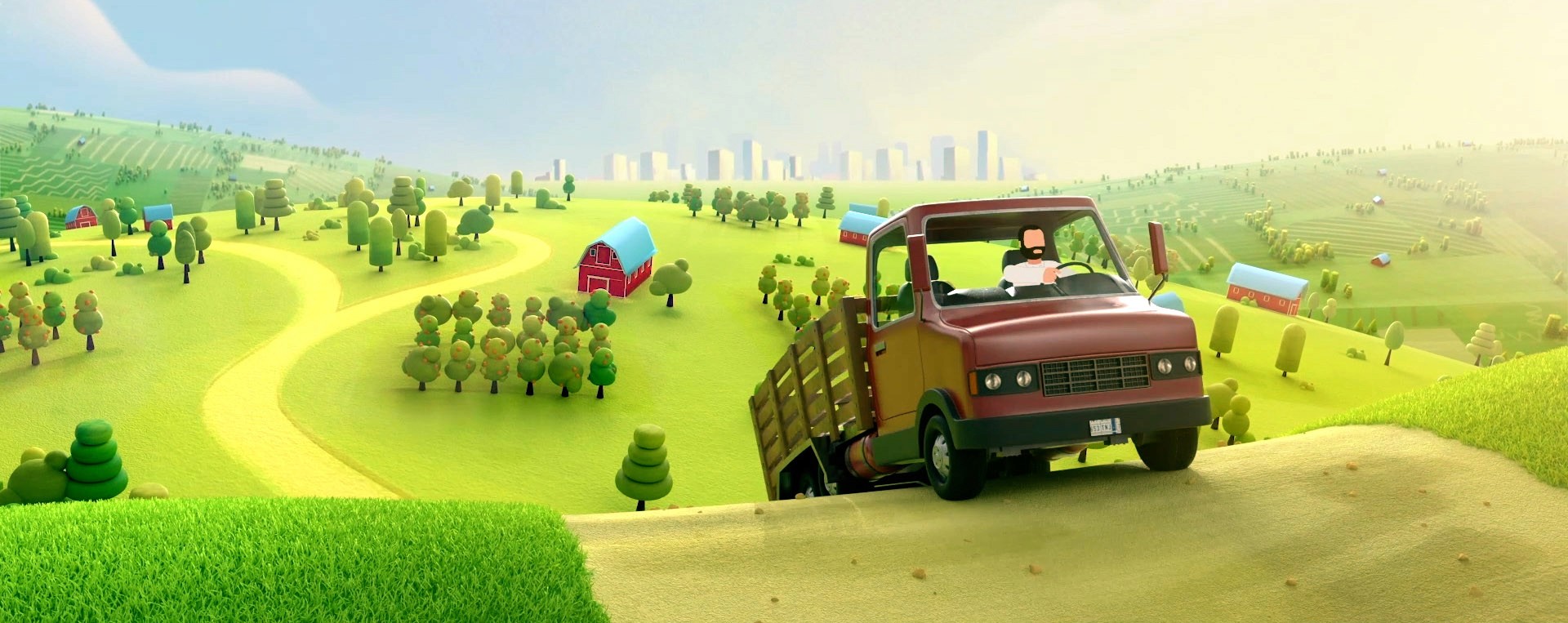 3D animated farming scenary with a truck in the foreground