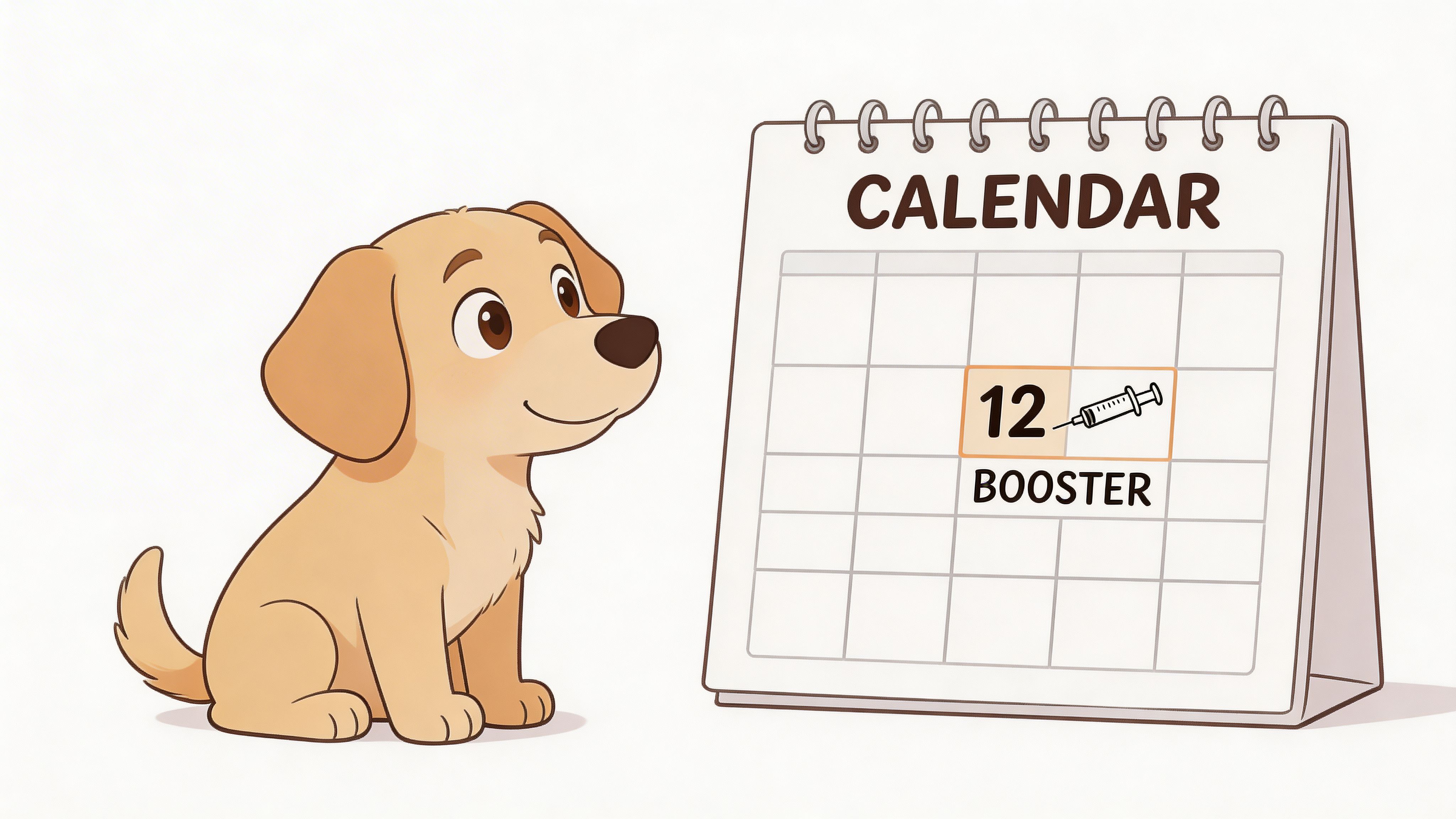 A cute cartoon puppy looking at a calendar with a booster shot marked on the twelfth day.