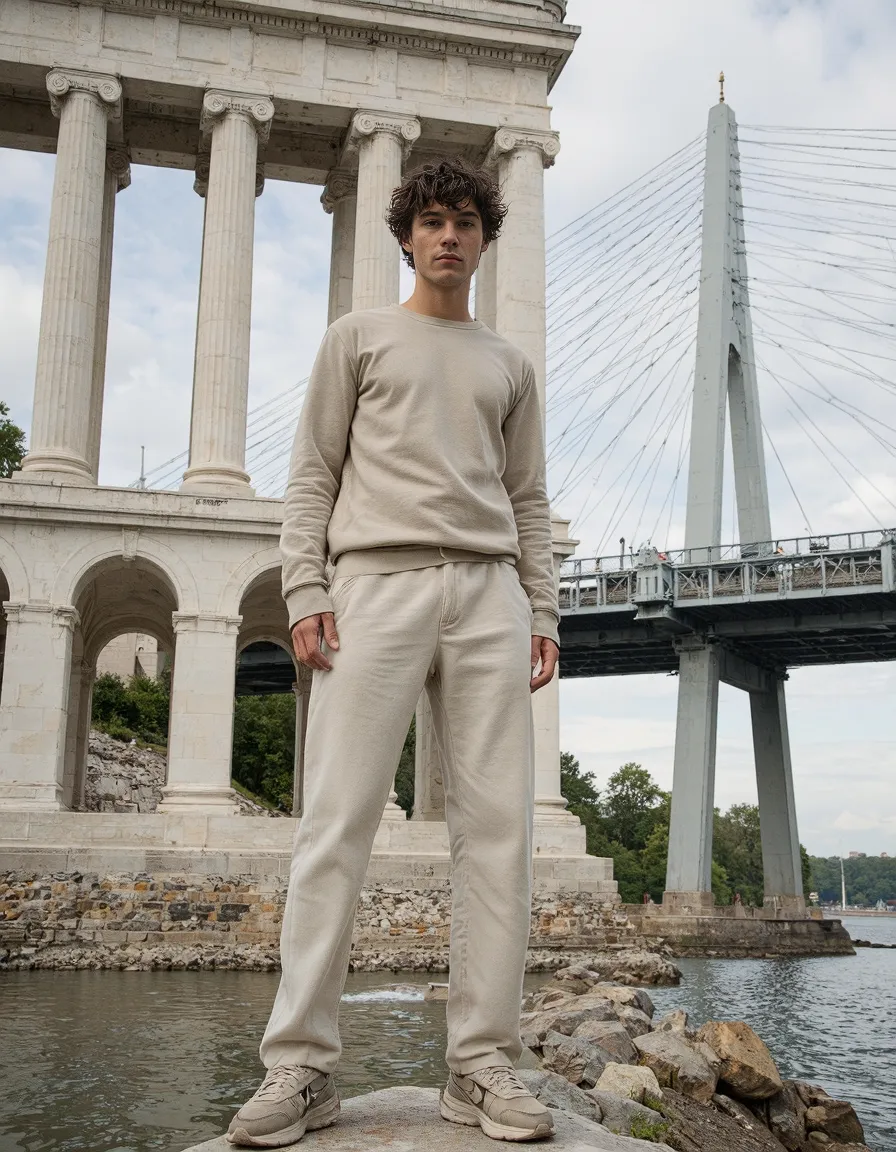 Person in cream athleisure outfit standing between classical stone columns and modern bridge, creating contrast between fashion and architecture.