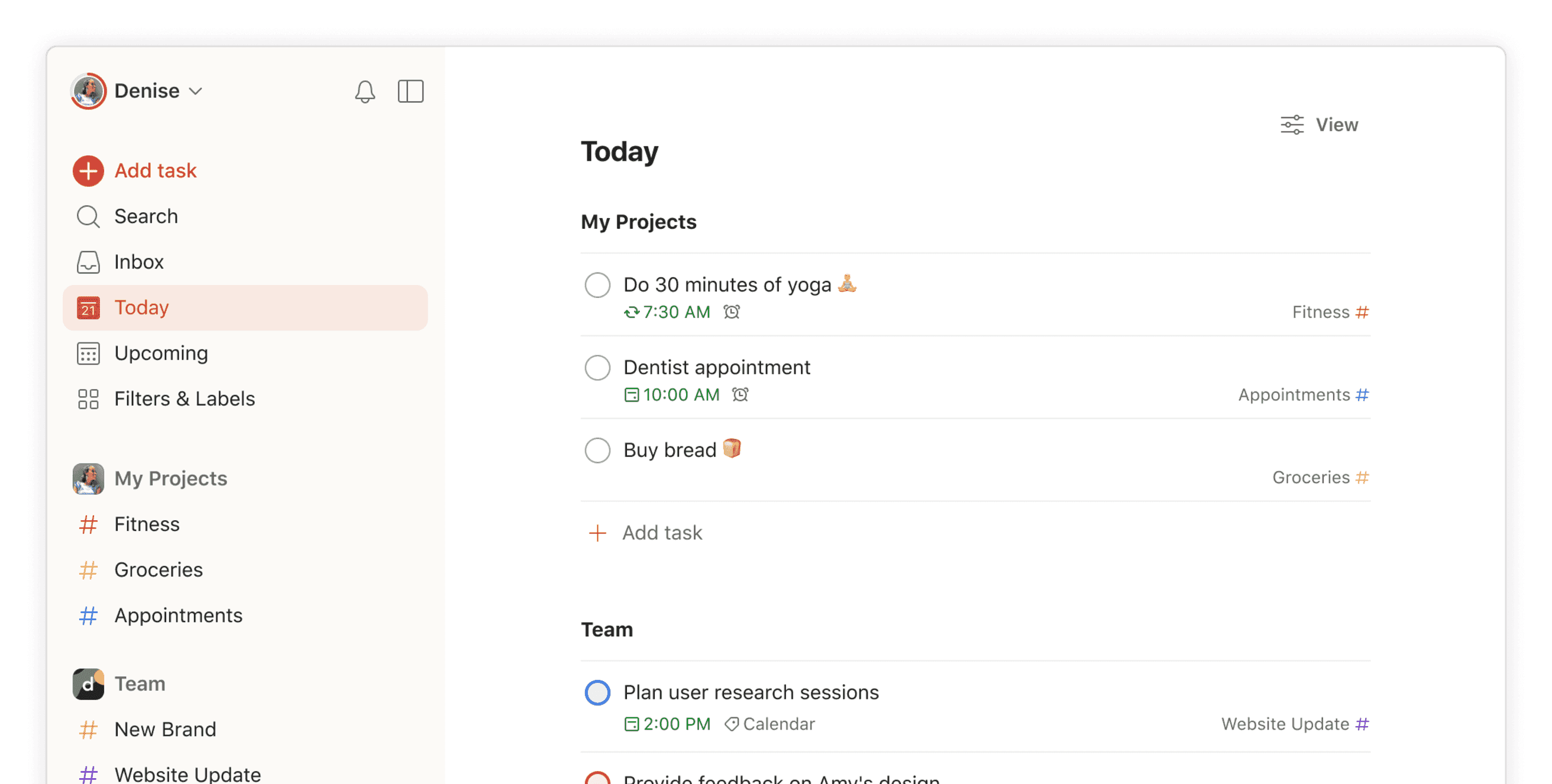 Todoist's app with the Today tab open