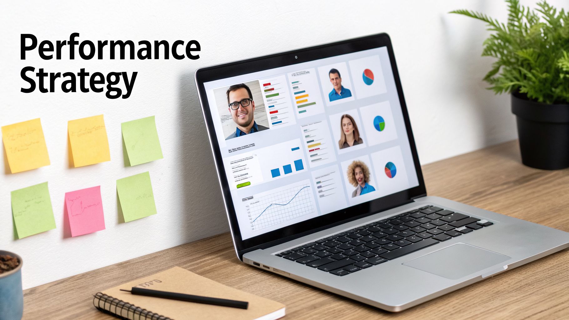 A laptop on a desk displays a performance strategy dashboard with employee metrics and charts.