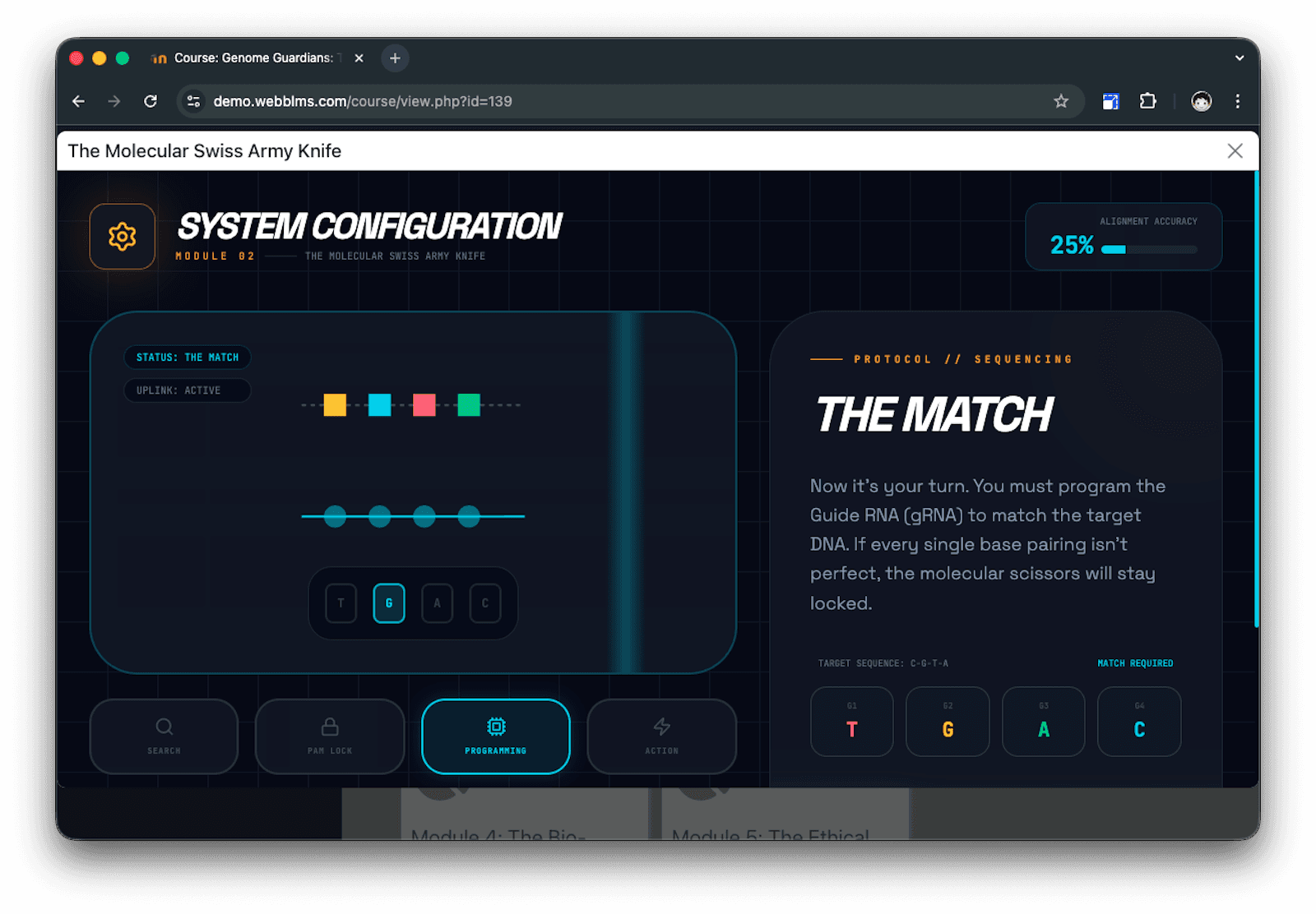 A high-end interactive "Solution Matrix" within a course, featuring dark-themed cards for Precision Medicine and Global Food Security.