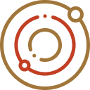 A circular logo with concentric rings in red and orange on a blue background.