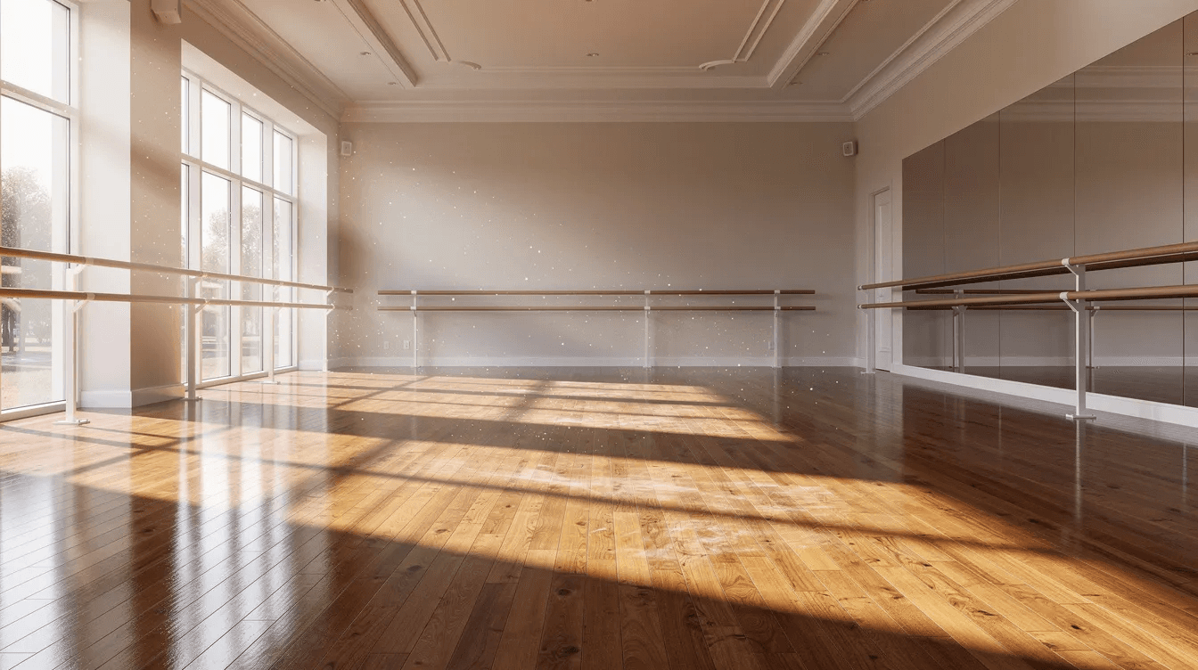 The image depicts a sunlit empty dance studio featuring polished wooden floors and ballet barres, with natural light streaming through large windows, creating an inviting atmosphere for dance classes. This serene environment is ideal for dance studio owners looking to enhance their space and streamline operations with effective dance studio management software.