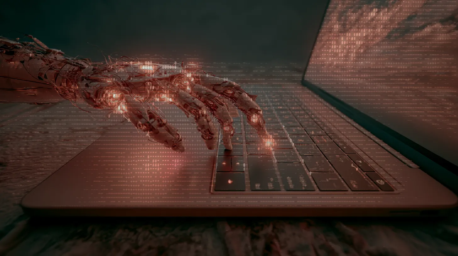 A futuristic concept art image of a robot’s hand typing on a laptop.