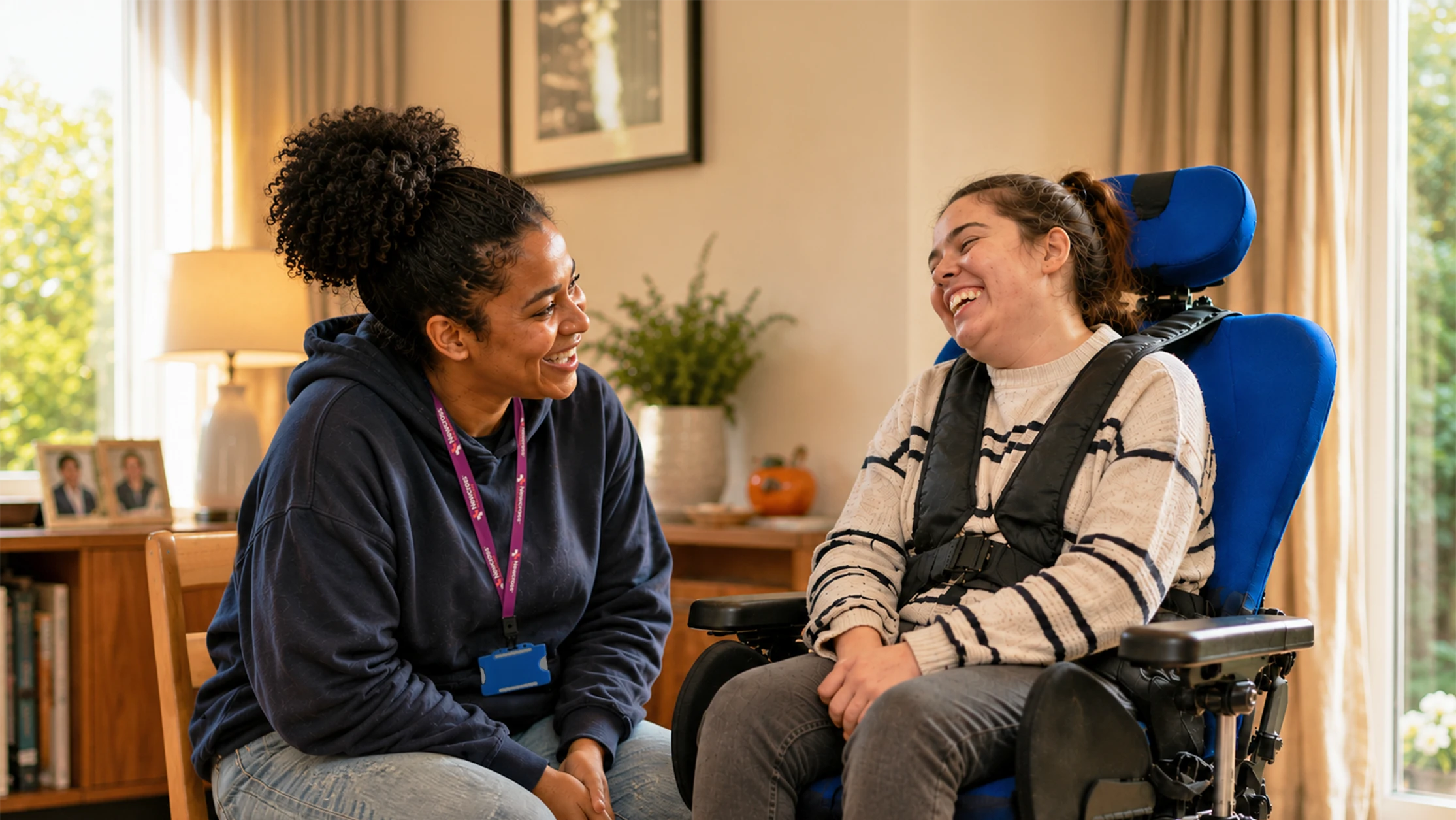 support worker smiling with a woman with complex care needs seated in a specialist supportive chair in a bright home setting