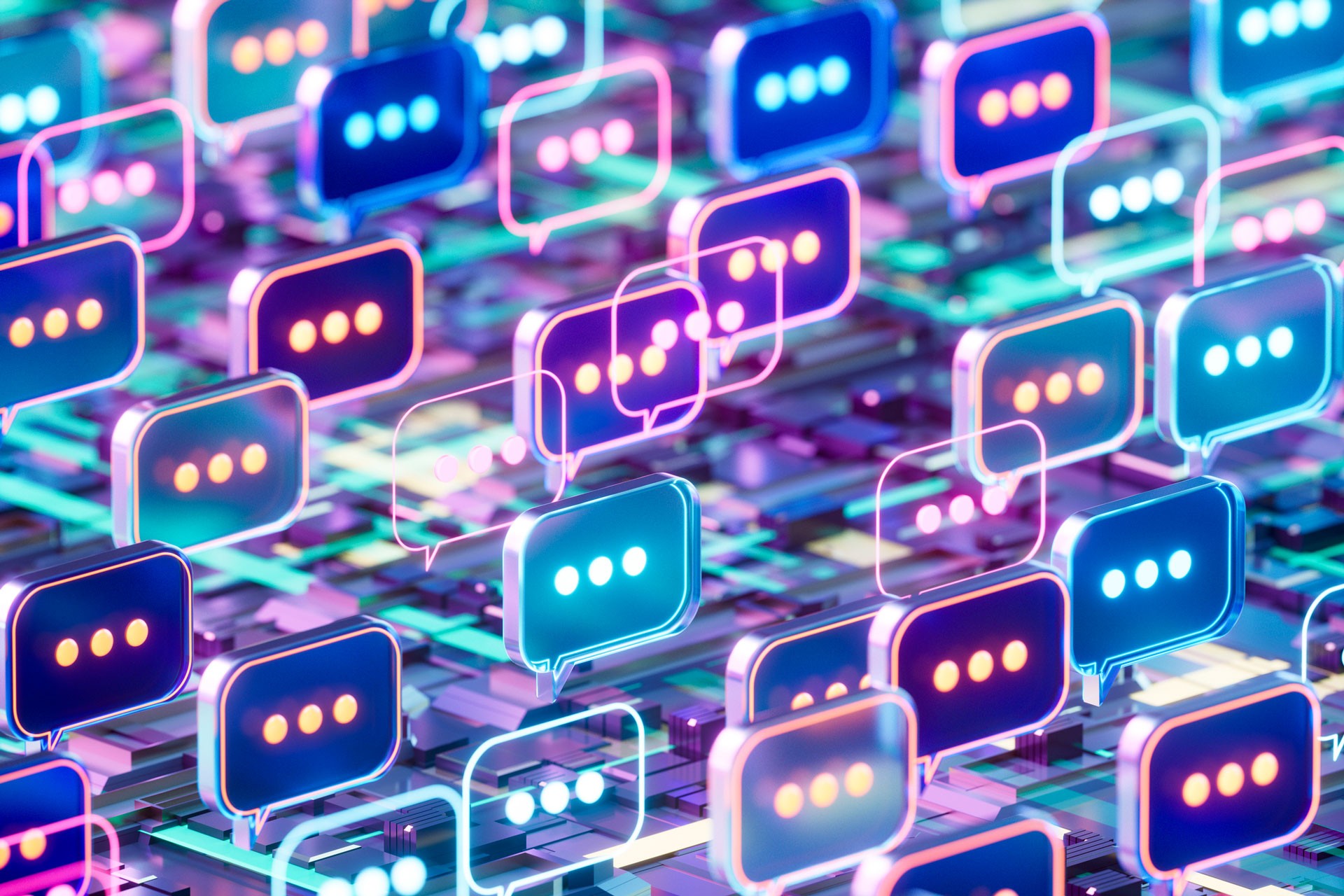 Illuminated Speech Bubbles on Motherboard, Digital Communication and AI Concept