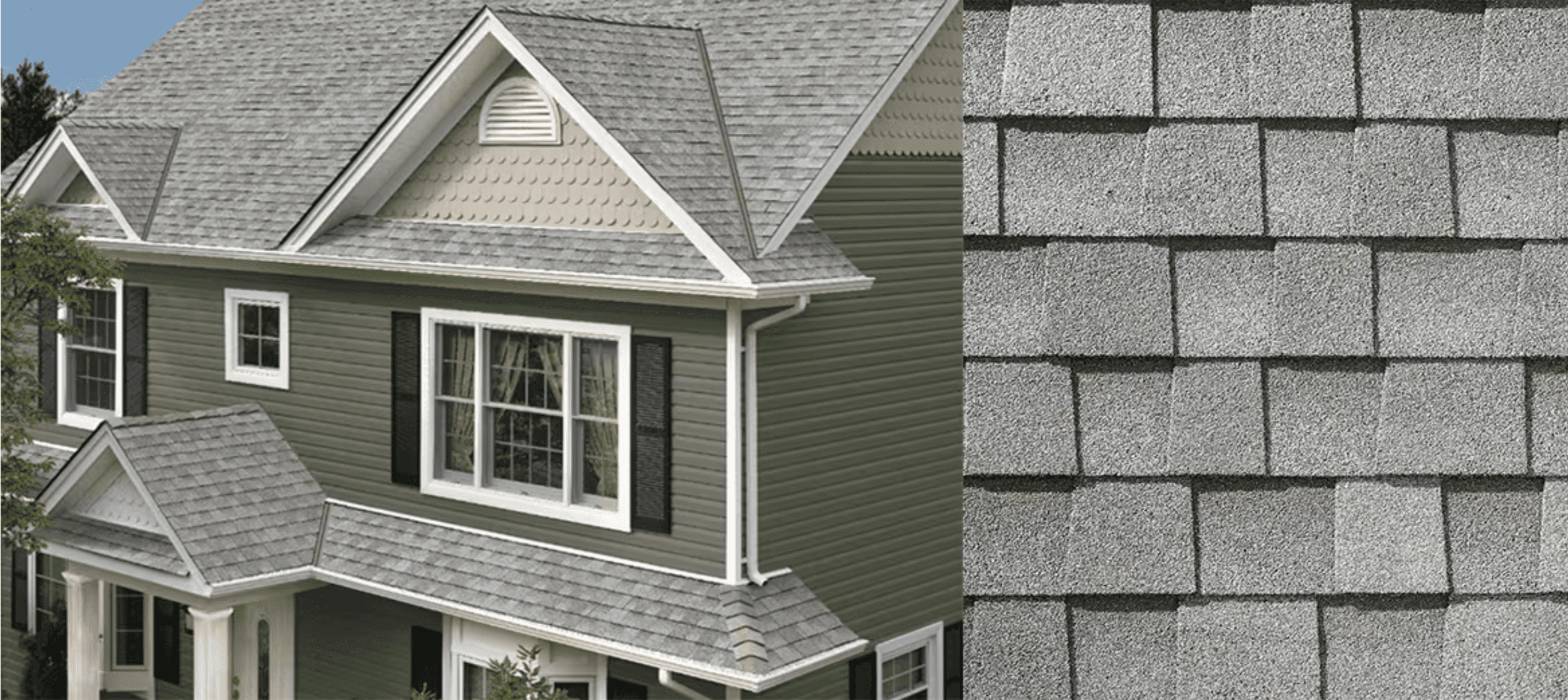 Combined beauty shot and swatch for GAF Timberline HDZ Fox Holly Gray shingles.