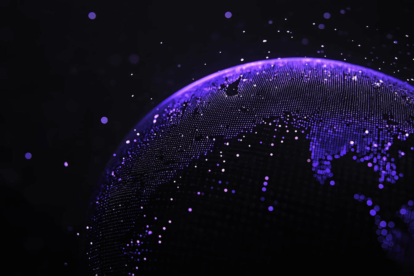 Abstract digital art with glowing purple particles on a black background.