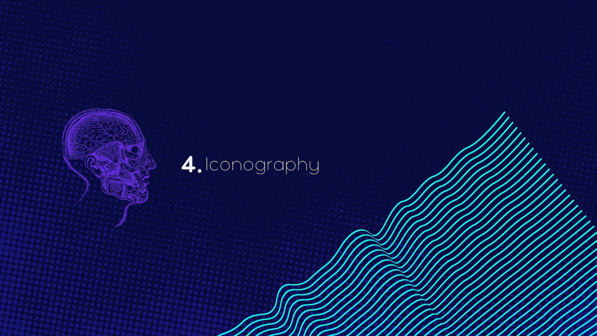 Neurolix AI brand guide section divider for "Iconography" featuring purple anatomical skull profile illustration with brain visible and cyan wave line graphic pattern on dark navy blue background.