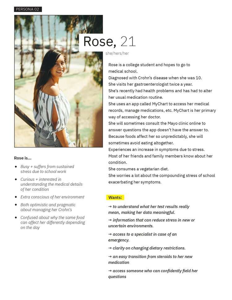 Profile card for Rose, a 21-year-old woman with long dark hair, standing outdoors in a sunny scene with palm trees, wearing a light blouse. Text covers her health challenges, focus on school, and her need for fast, clear medical communication.