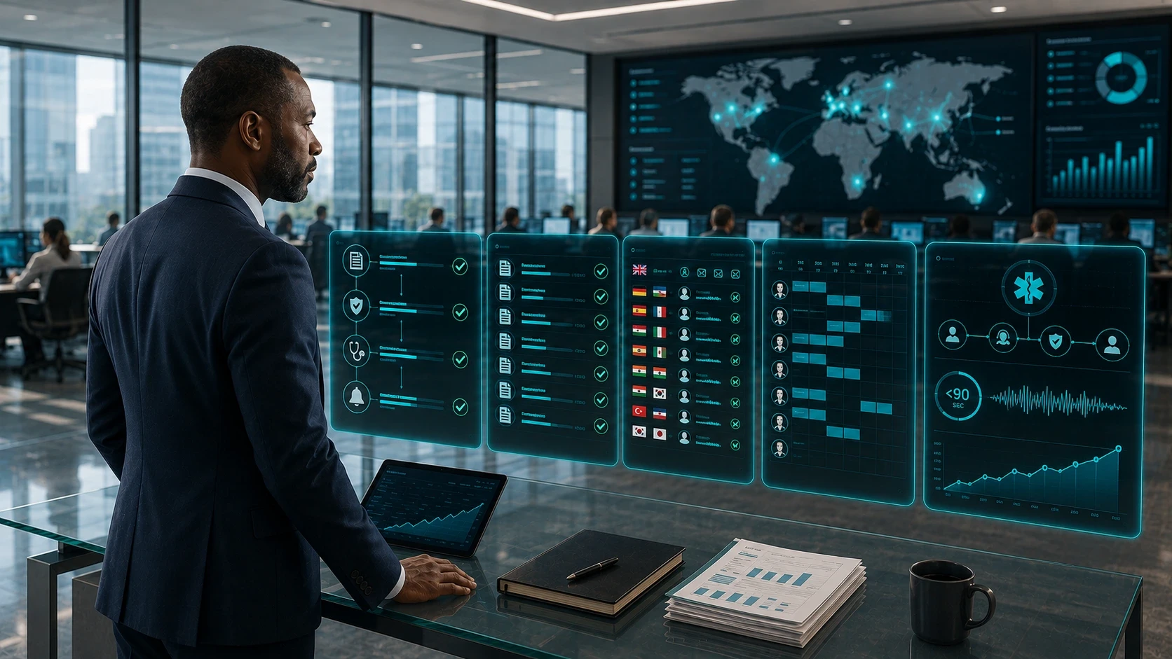 African-American healthcare operations executive monitoring AI-powered global health insurance dashboards in a modern enterprise command center, with holographic interfaces displaying multilingual member support, claims workflows, care coordination, emergency assistance, and worldwide operational performance across an international network.