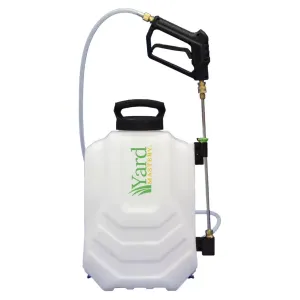 A white garden sprayer with a black handle and hose, designed for applying pesticides or fertilizers.