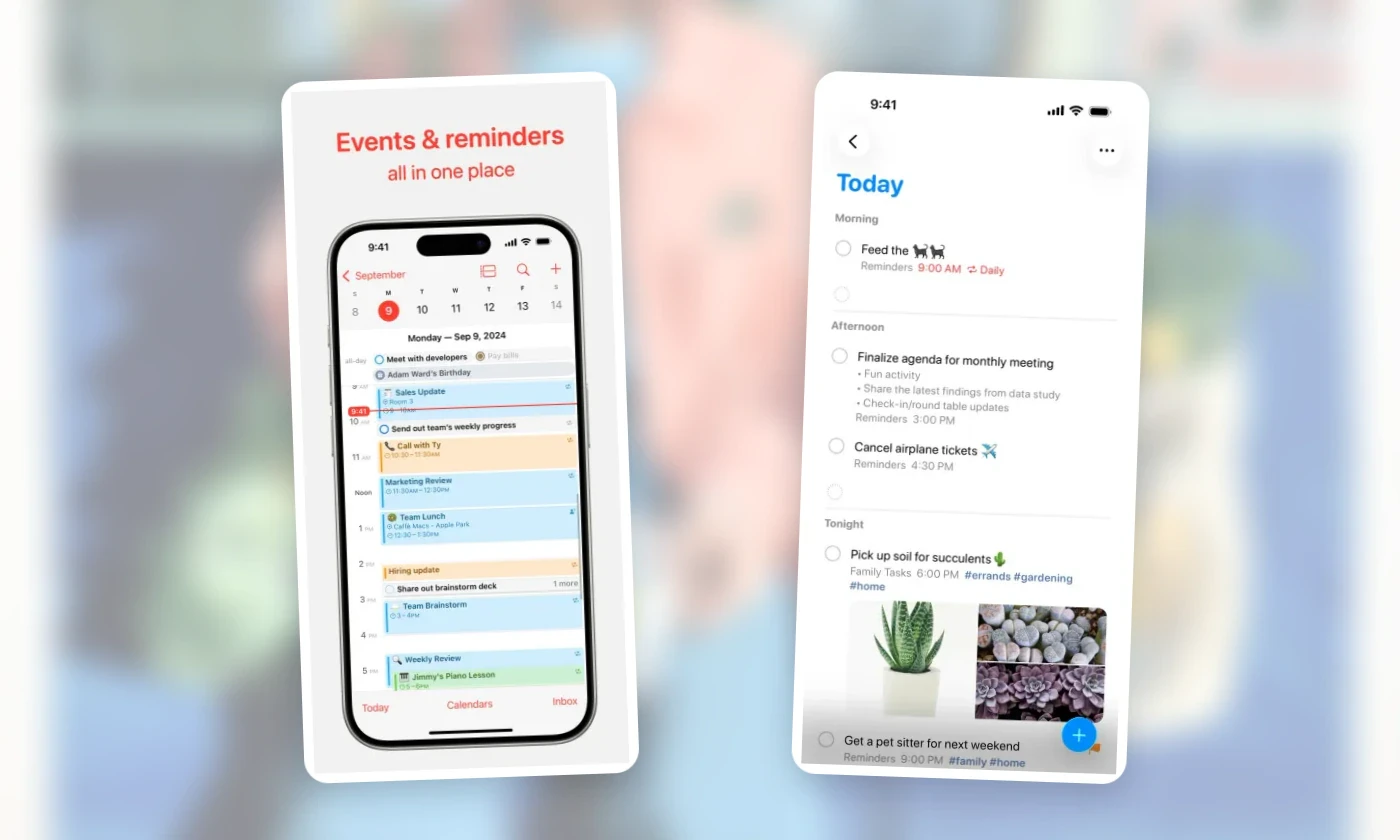 Official Apple Calendar and Reminders screens used as the free native iPhone planning baseline.