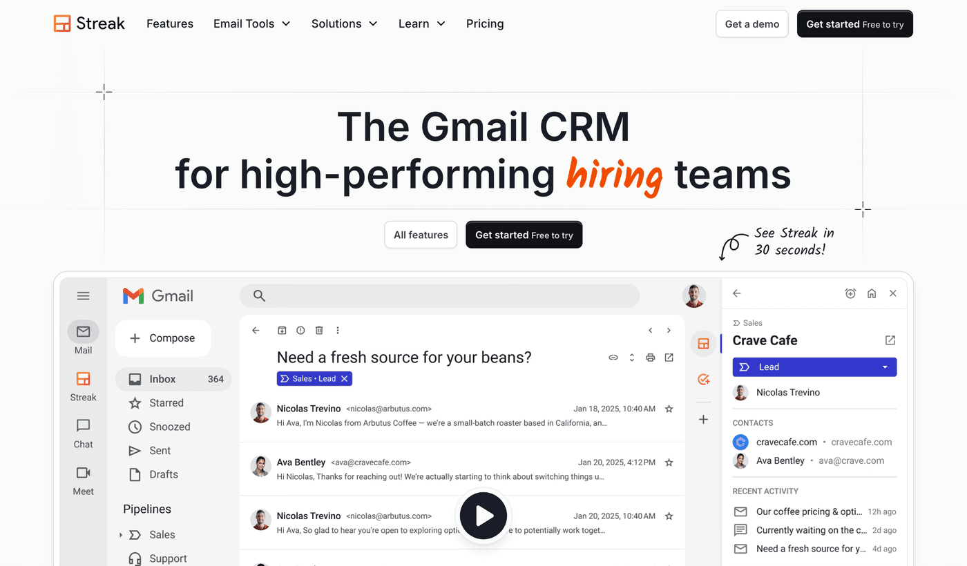 Streak landing page: the Gmail CRM, pipeline lives inside the Gmail inbox