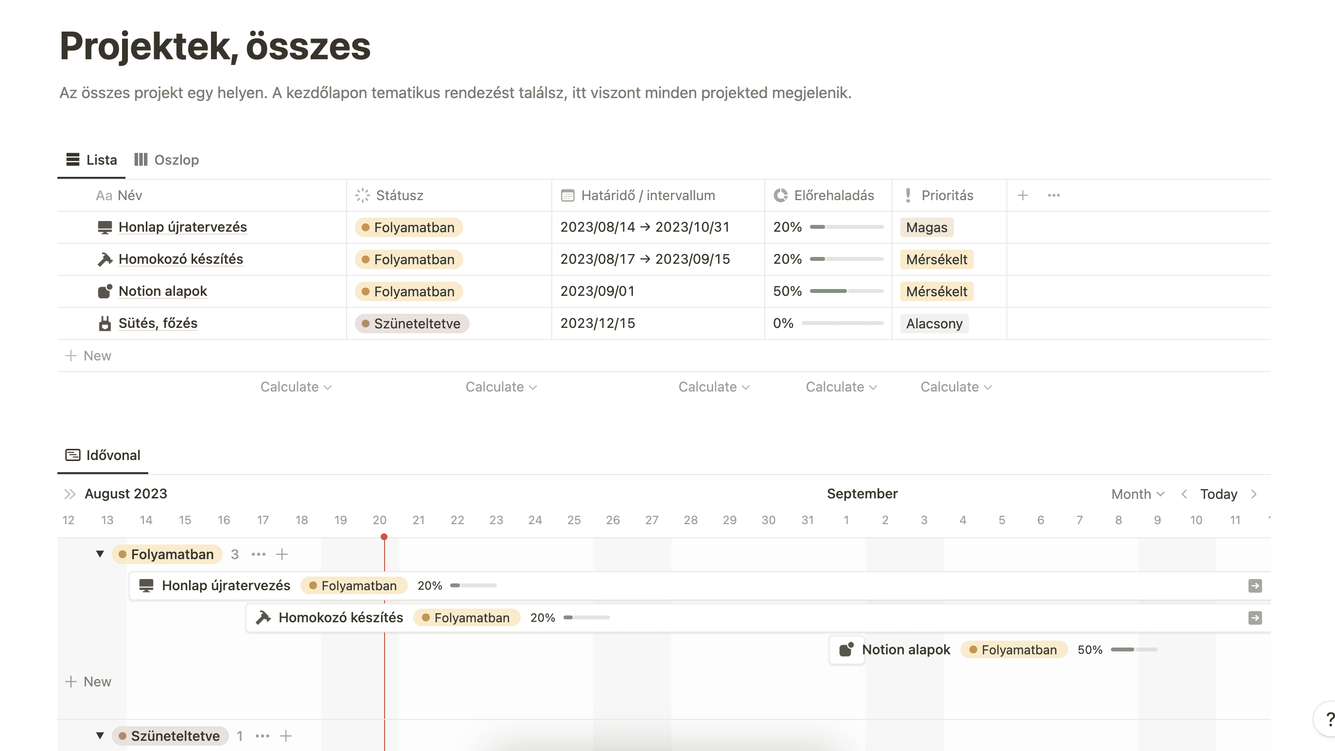 Projekt lista és idővonal a Notion Navigátor sablonban.