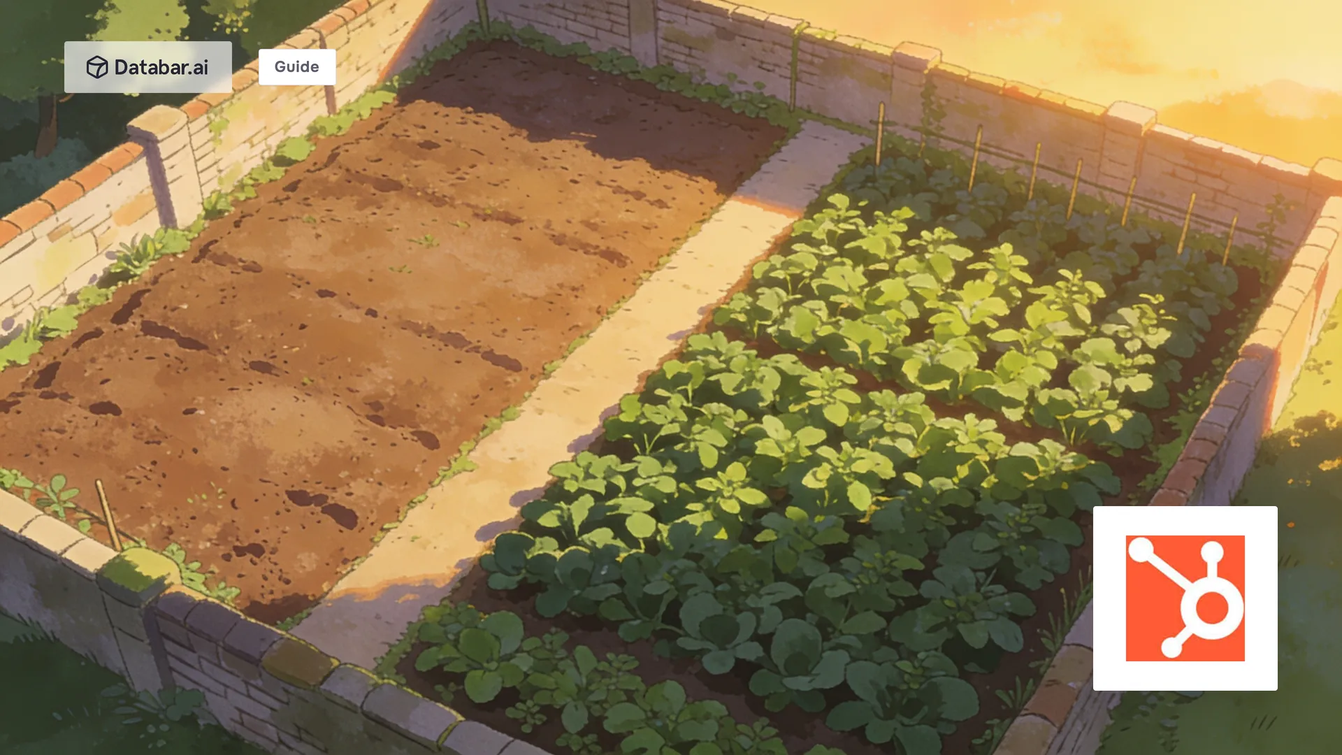 HubSpot CRM enrichment, illustrated as a walled kitchen garden with half the beds bare and the other half densely planted