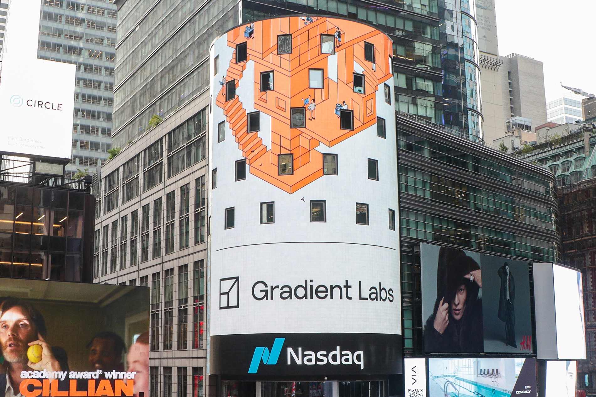 Gradient Labs featured on the Nasdaq tower billboard in Times Square, New York.
