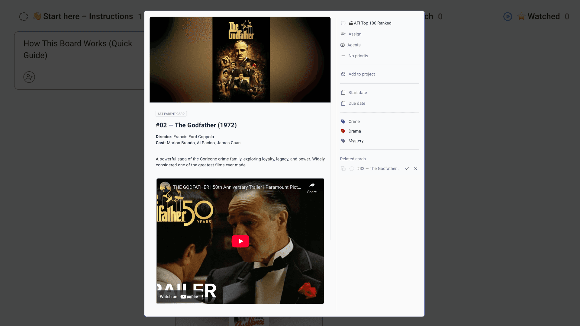 The Godfather Reference Card - AFI's 2nd greatest film of all time