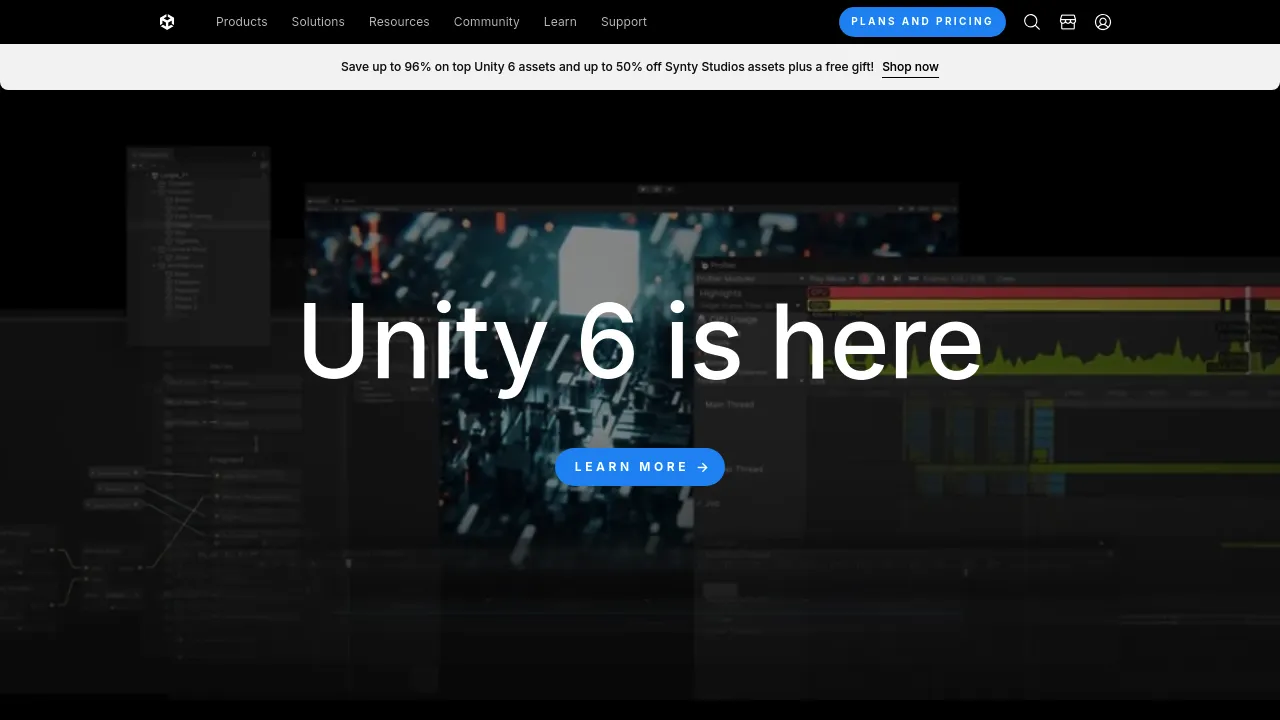 Screenshot of the Unity website showcasing widely-used game engine for 2D and 3D games