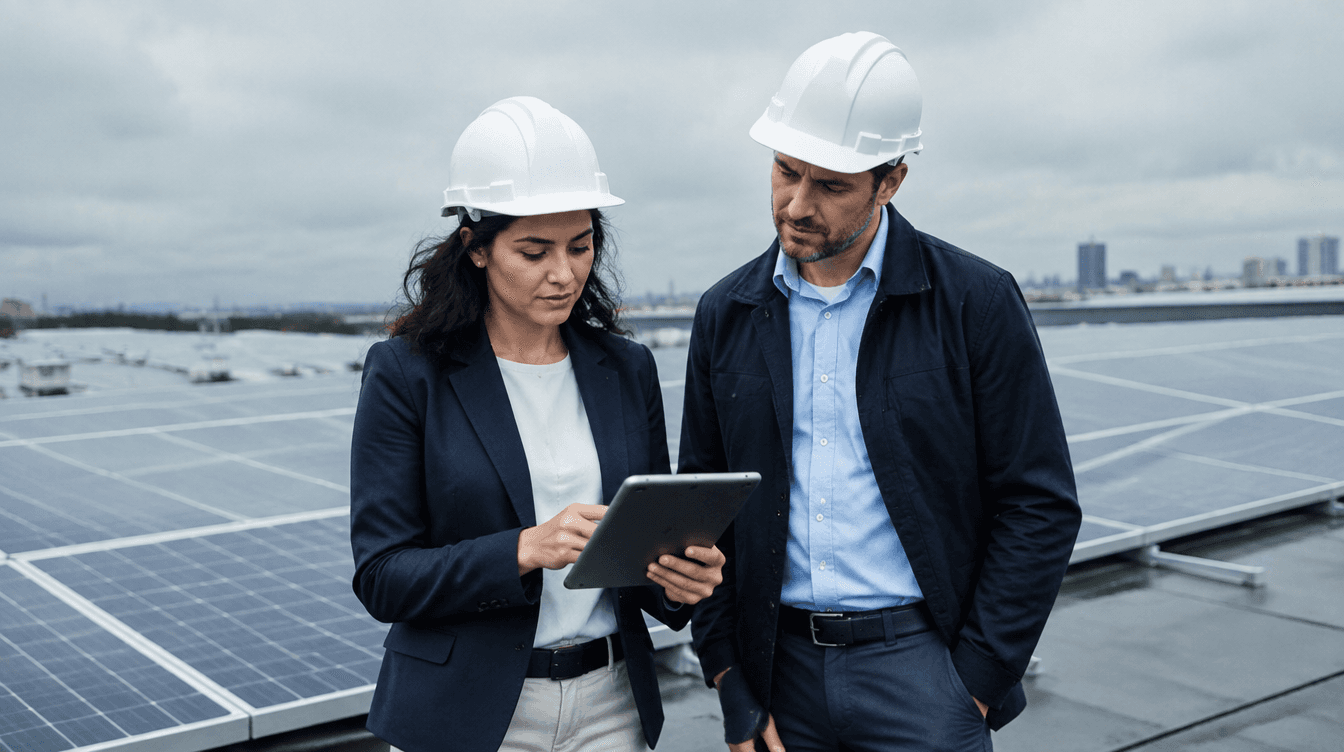 two developers on a roof with solar panels behind them for the investment tax credit solar