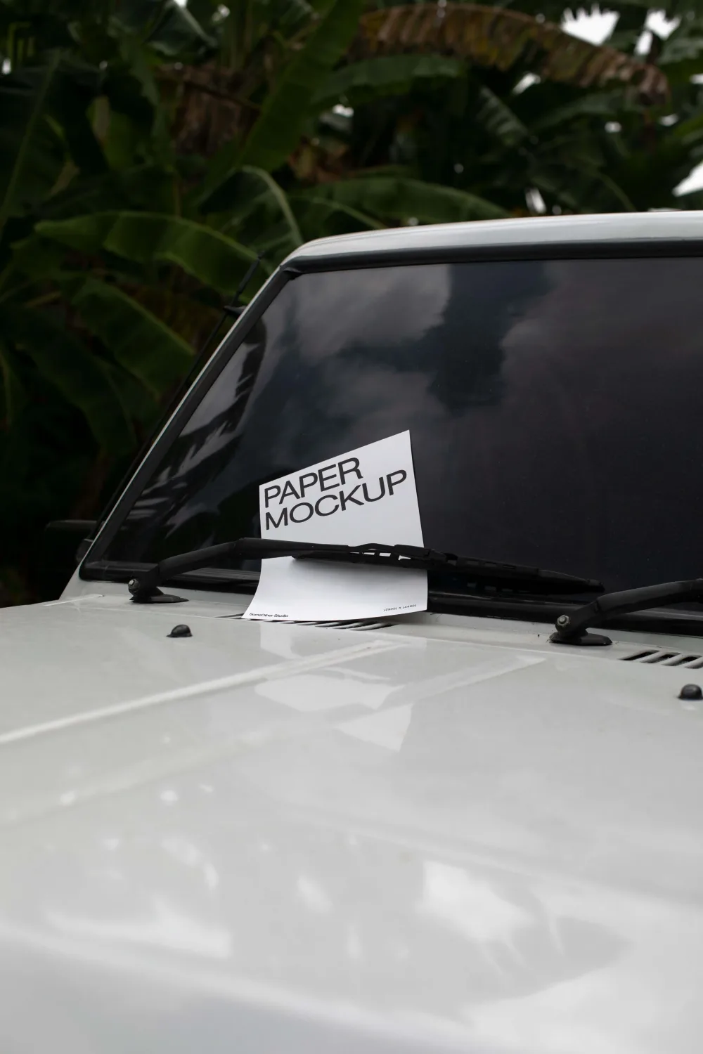 A paper mockup placed under a windshield wiper on a white vehicle, set against a backdrop of lush green tropical foliage and a cloudy sky reflected on the windshield.