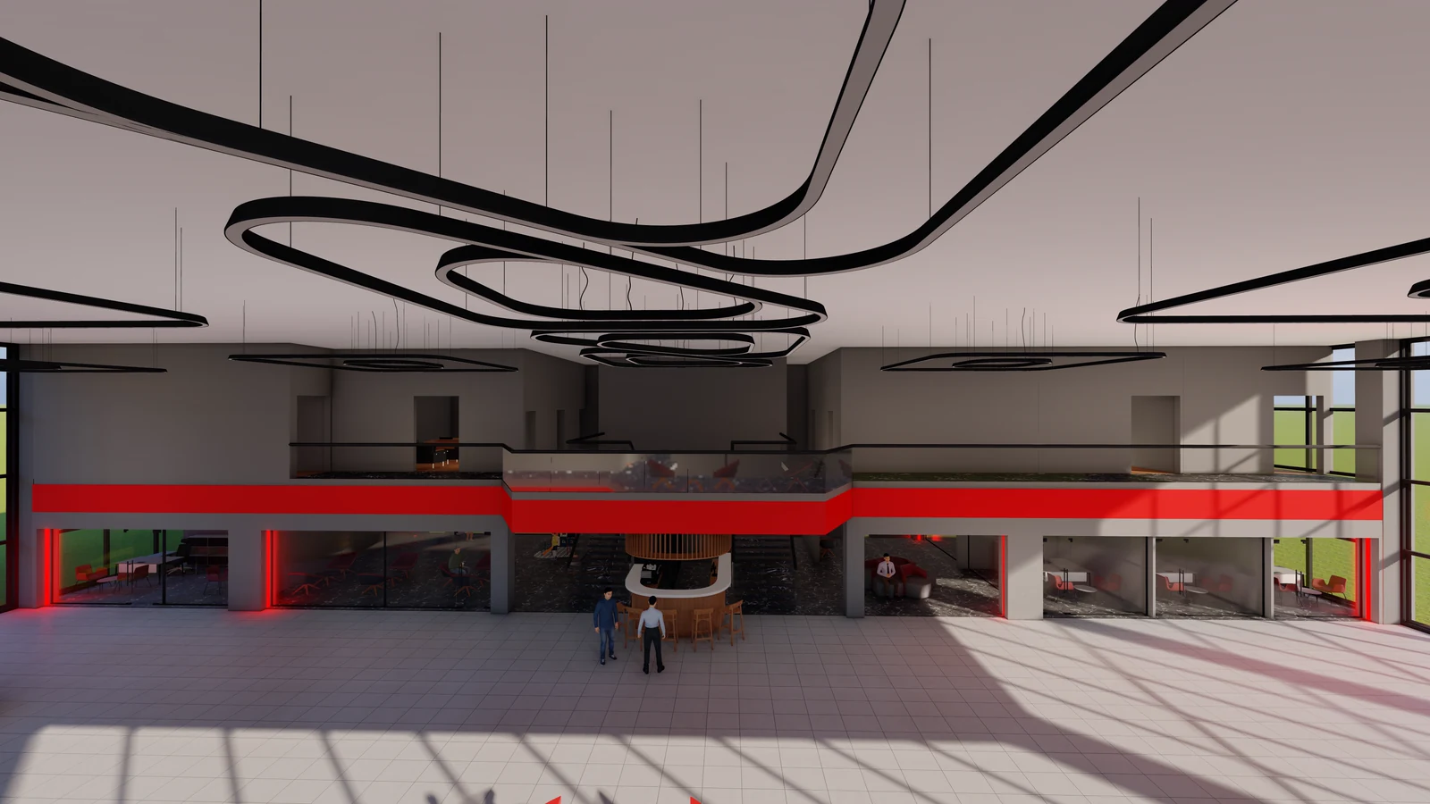 Rendering 3D frontale della hall di accoglienza centrale, con vista sul soppalco e sugli uffici vetrati.