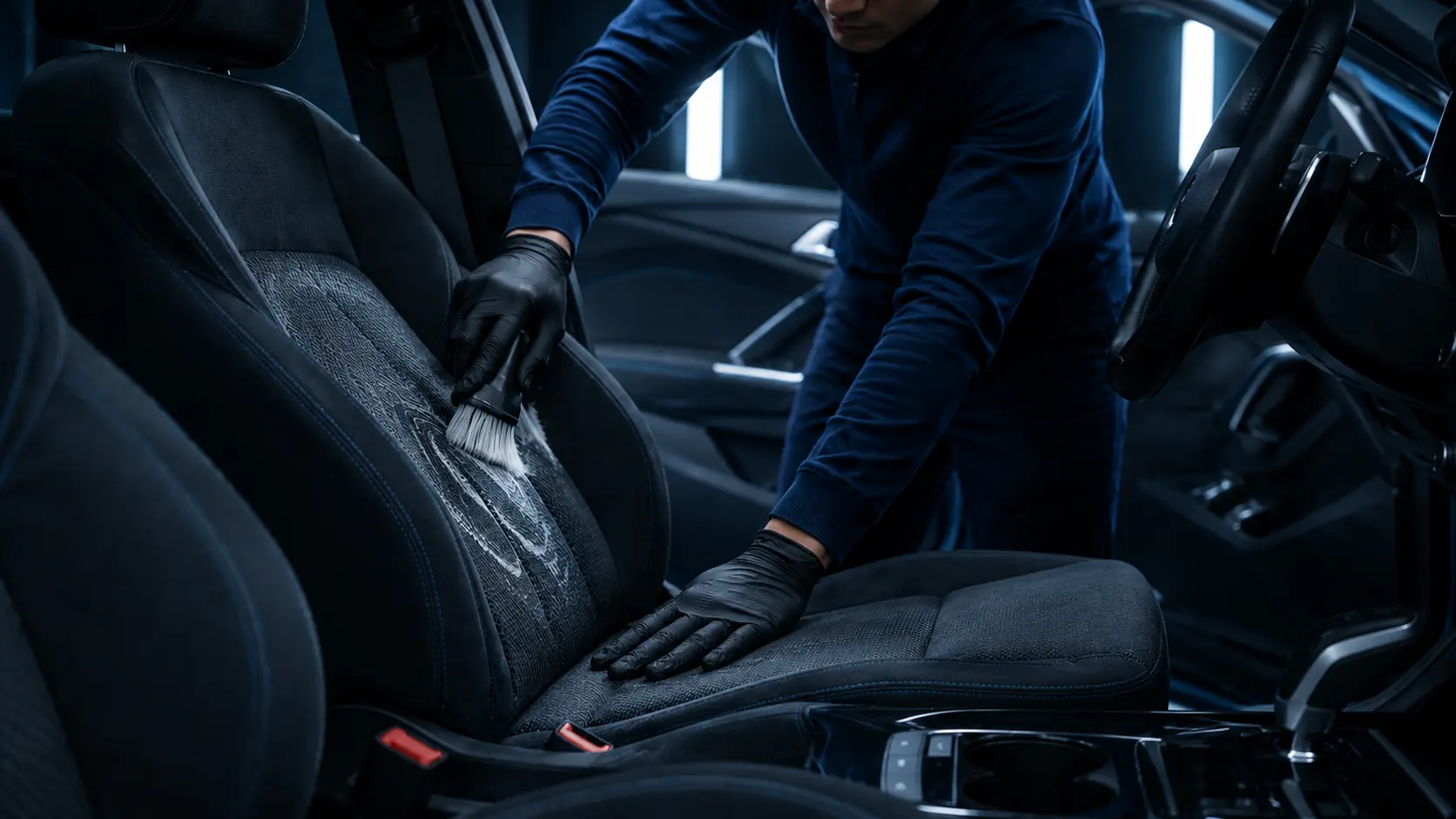 Person cleaning the interior of a car
