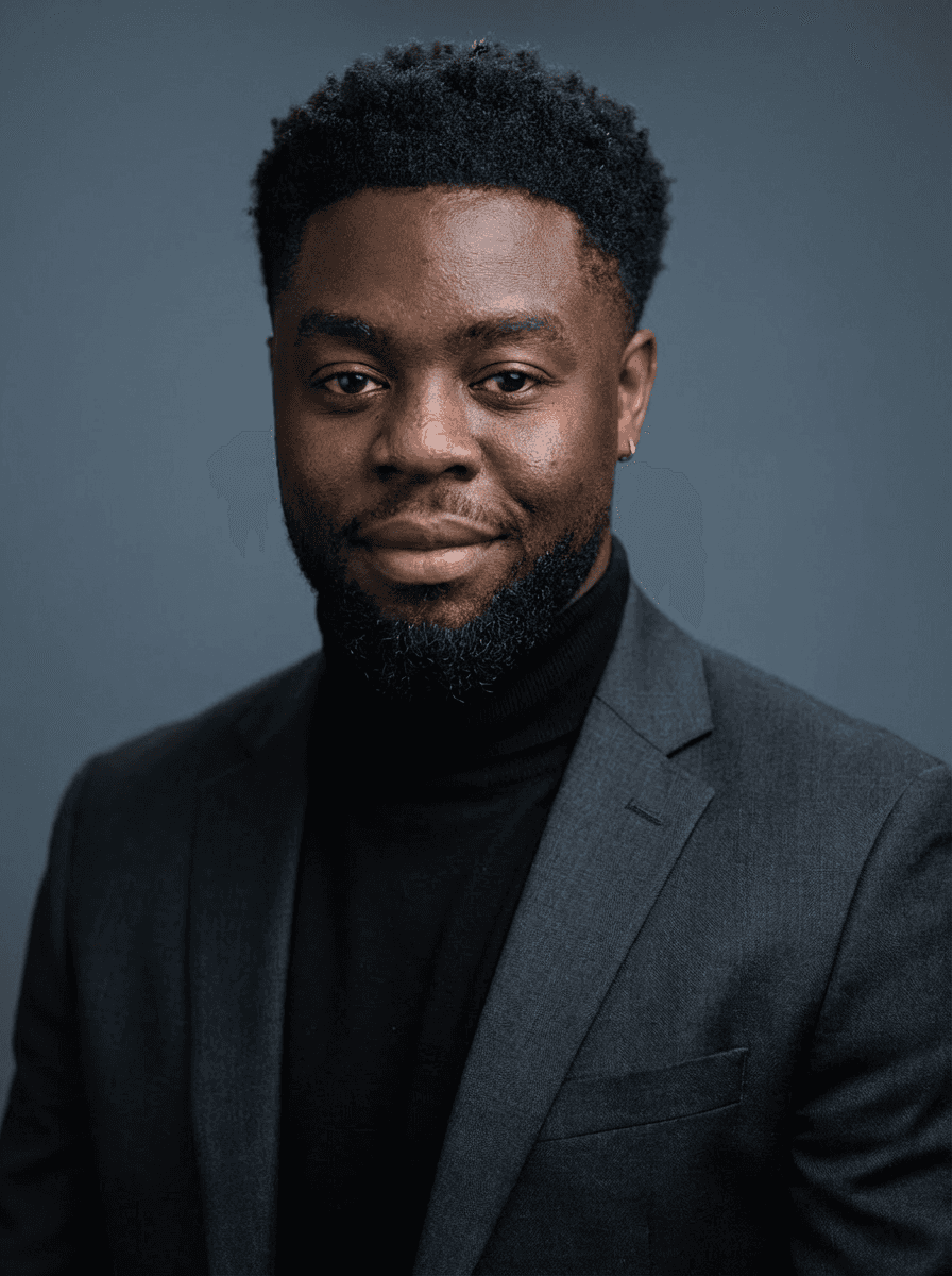 Portrait of a young man with short hair, wearing a dark t-shirt, against a plain background.