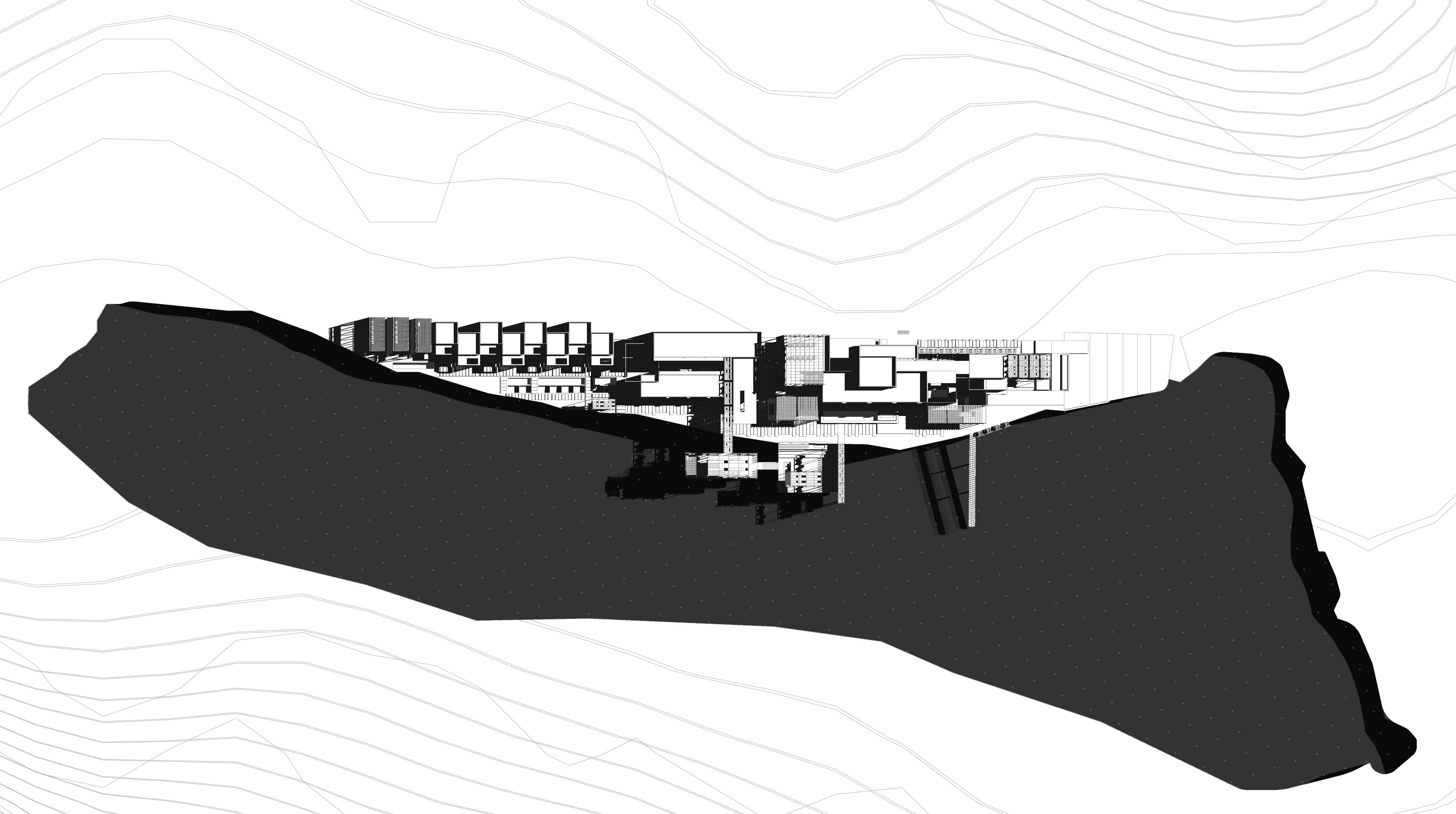 Dramatic vertical shaft with sinuous white walls and tall industrial windows