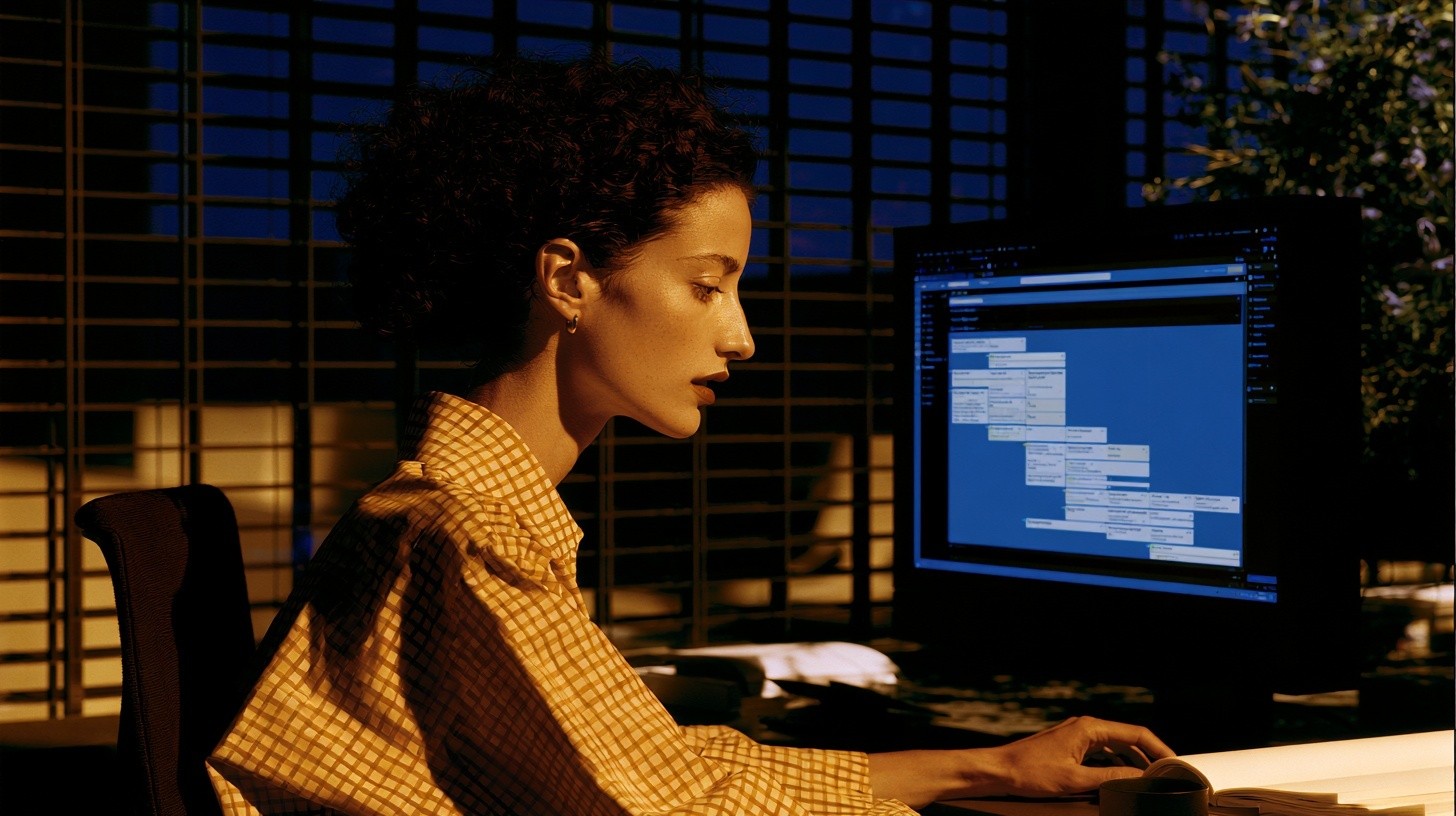 A collections operations lead configures a practical no-code workflow builder on a large monitor, arranging recognizable customer-contact and review stages