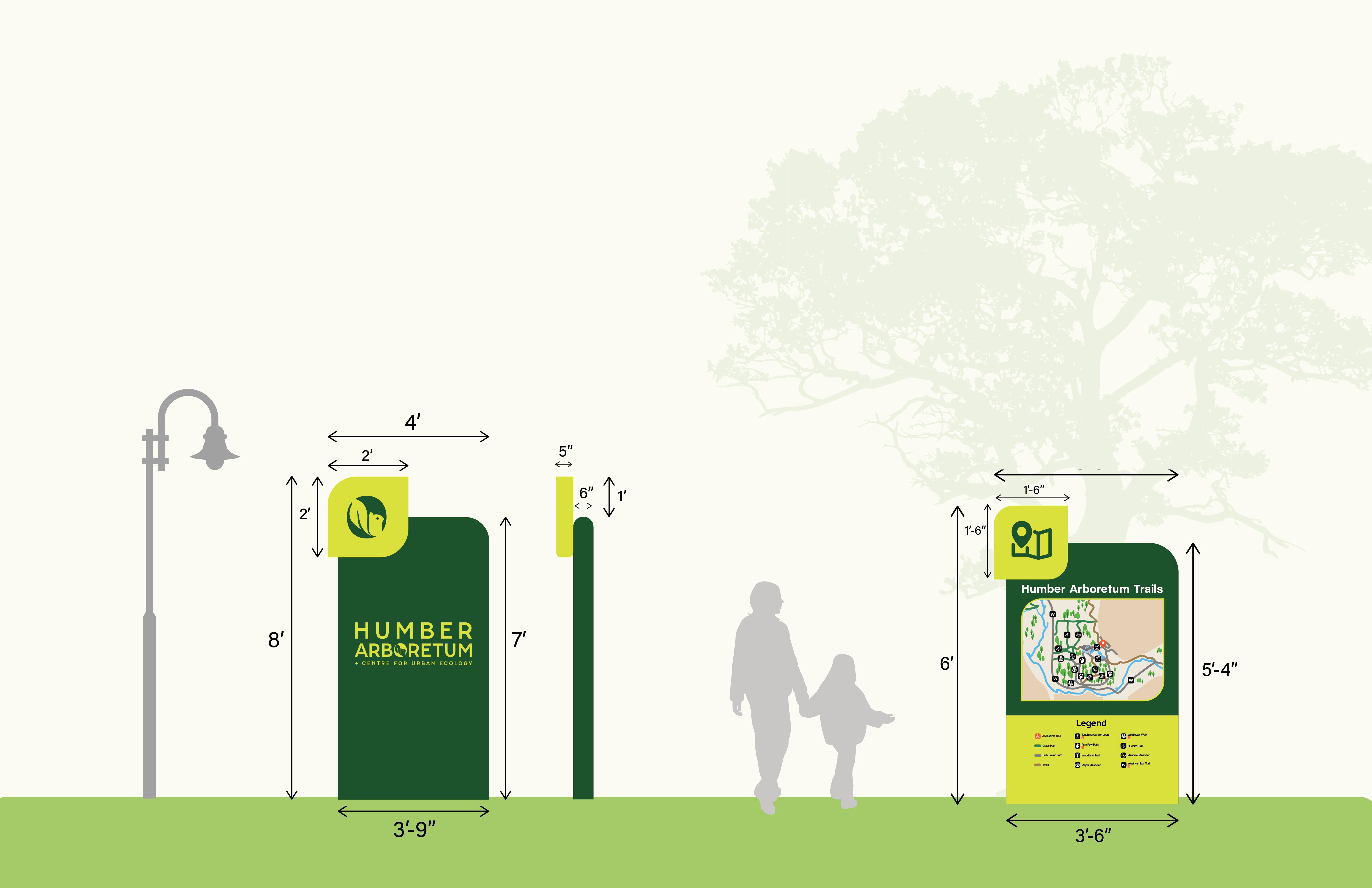 Diagram showing large park entrance signage, including a tall vertical welcome sign, a circular park identifier sign, and a wide map board. Human figures and trees are included for scale, with dimensions labeled for each sign.