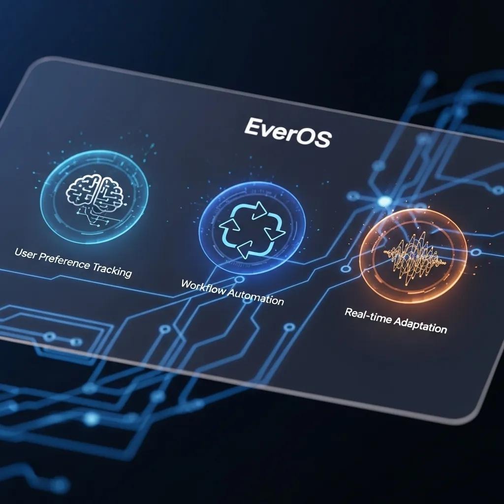 Digital interface displaying EverOS features, highlighting user preference tracking and automation