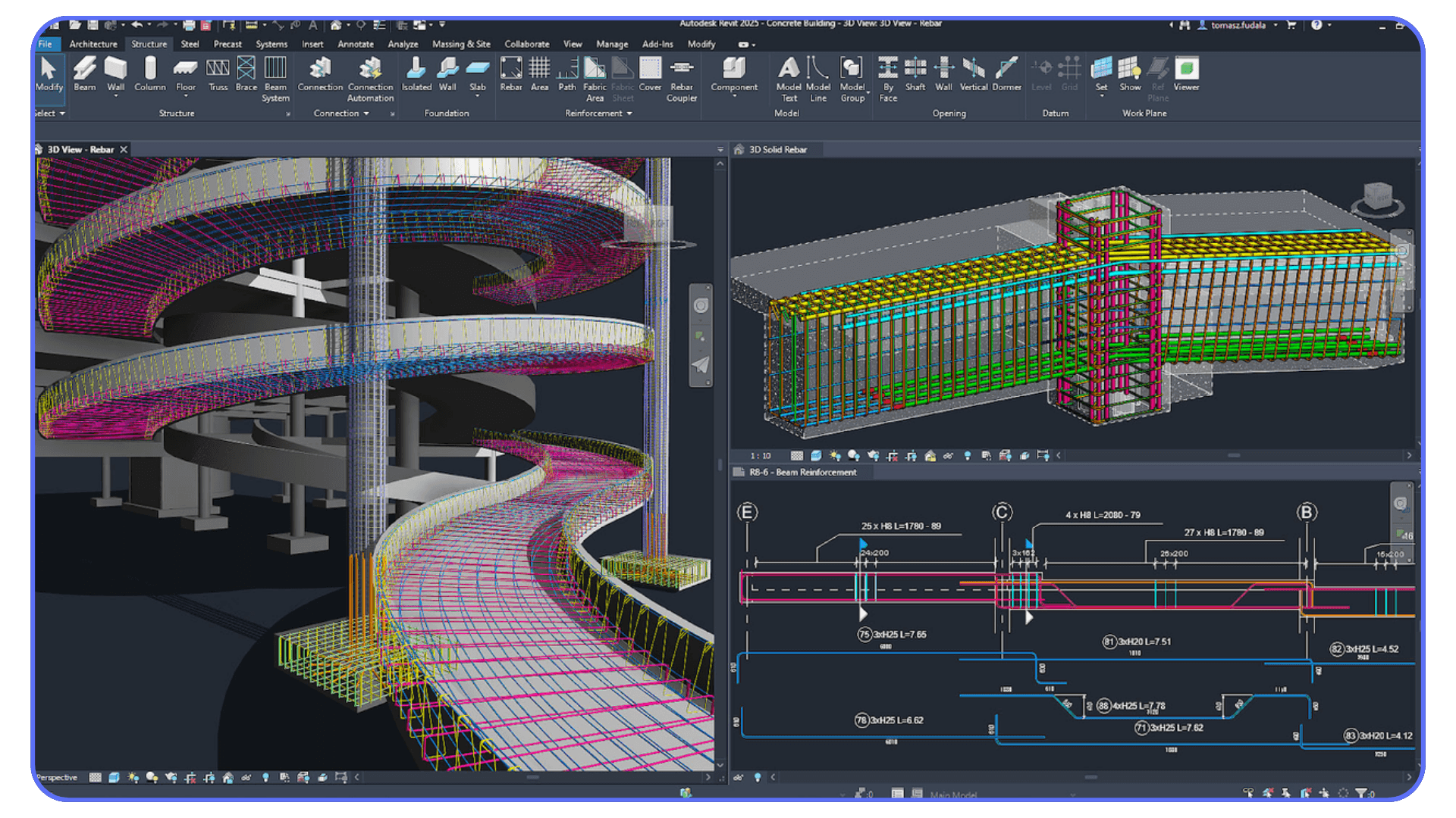 Highly detailed Revit model with dense rebar and structural elements in 3D view