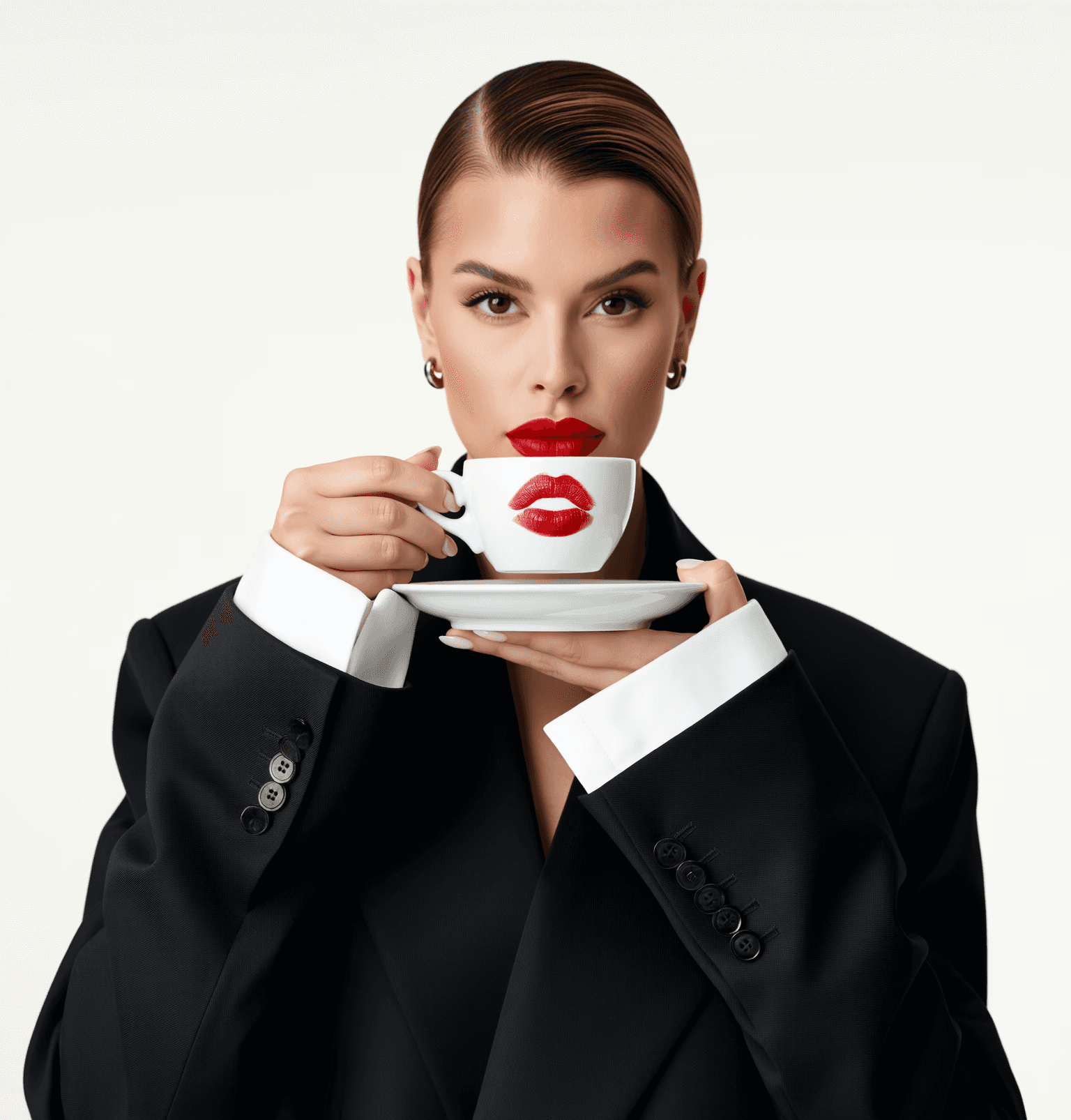 Portrait of a smiling woman with natural curly hair wearing a pale yellow T-shirt and gold hoop earrings against a gray background.