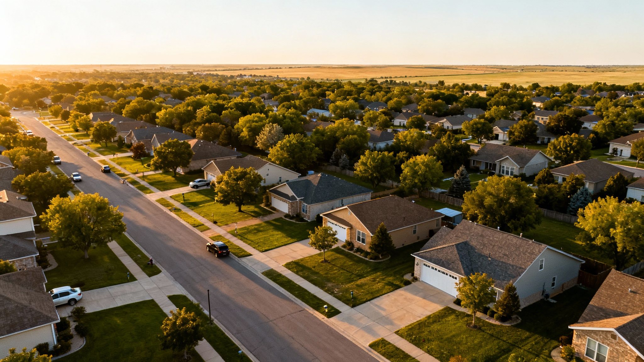 Stunning aerial view of Stillwater, Oklahoma, showcasing vibrant skies at sunset with urban cityscape below.