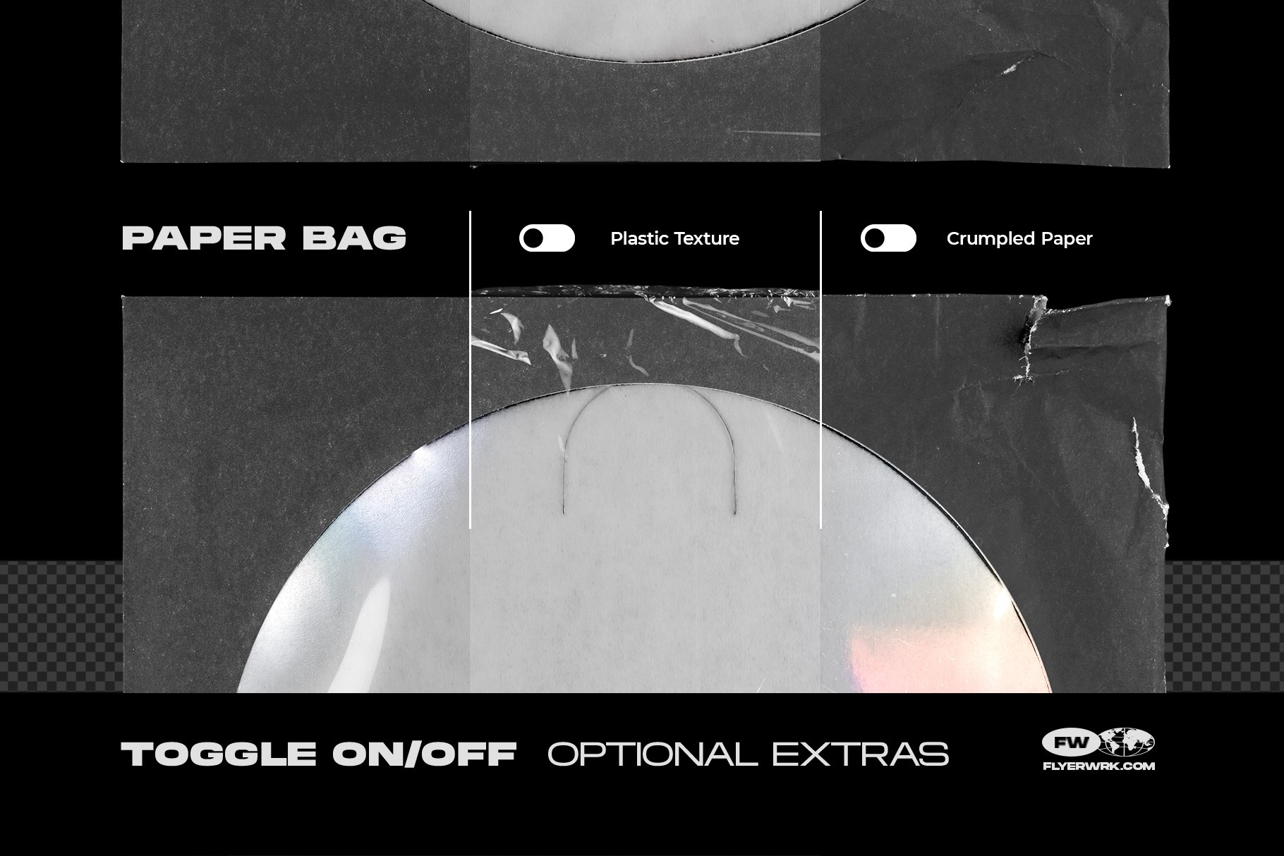 CD paper bag mockup with toggle options for plastic texture and crumpled paper