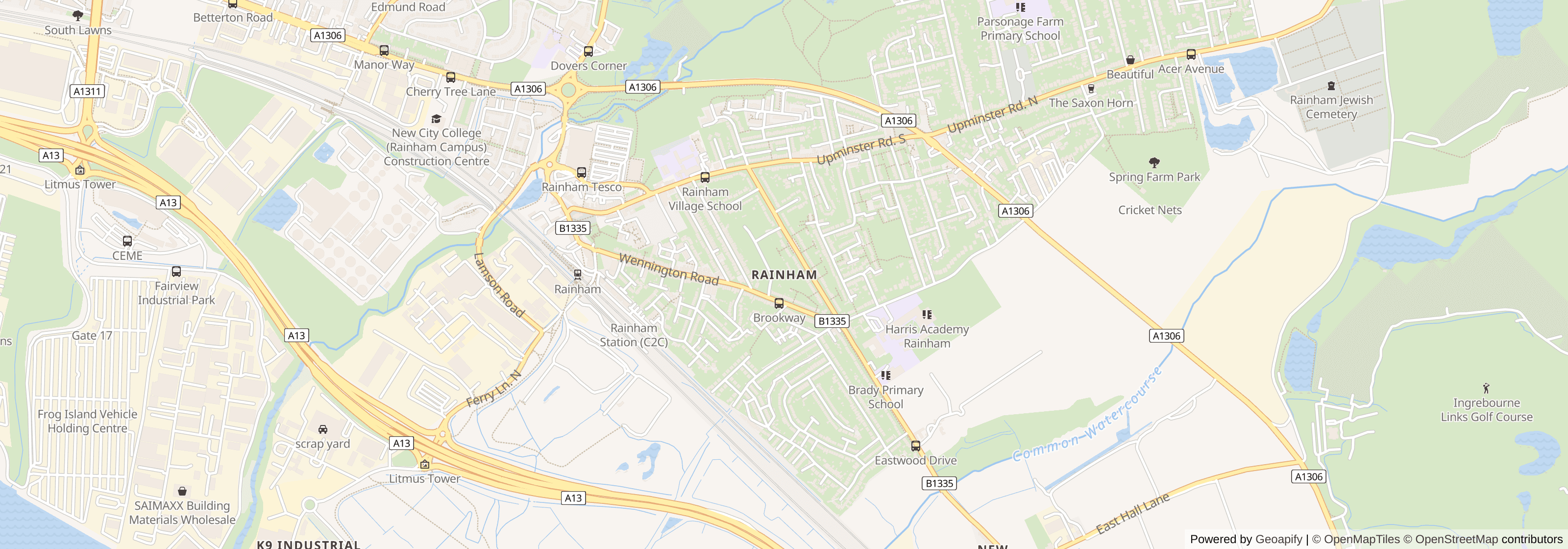 Street map of Rainham, Havering, London showing local roads and surrounding areas