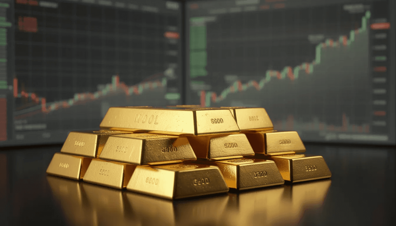 The image depicts neatly stacked gold bars in the foreground, while price charts illustrating fluctuations in gold prices and market activity are visible in the background. This scene highlights the dynamics of the gold market, emphasizing the value of gold as a safe haven investment in the financial markets.